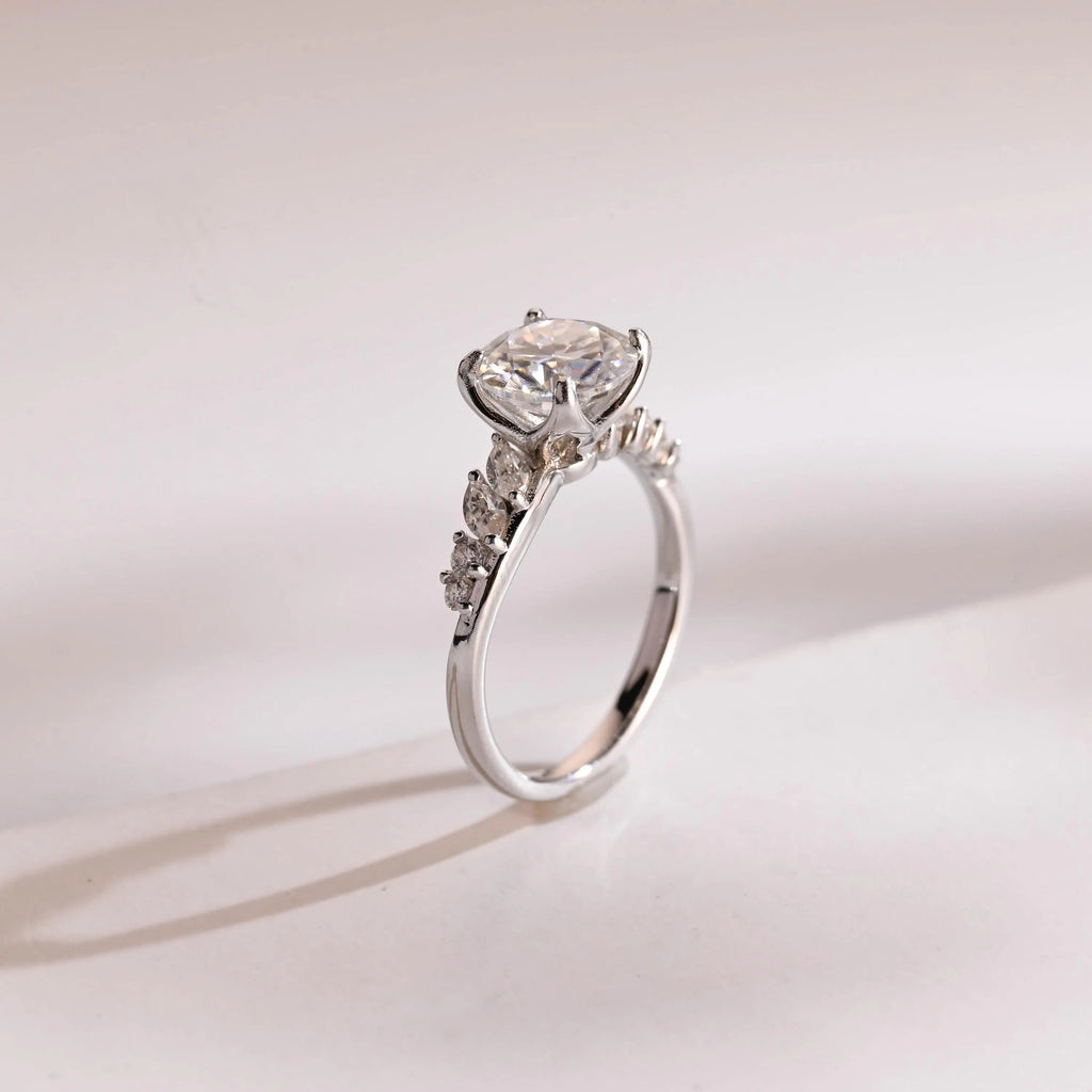 Solid Gold Round Cut Moissanite Engagement Ring, Anniversary for Her