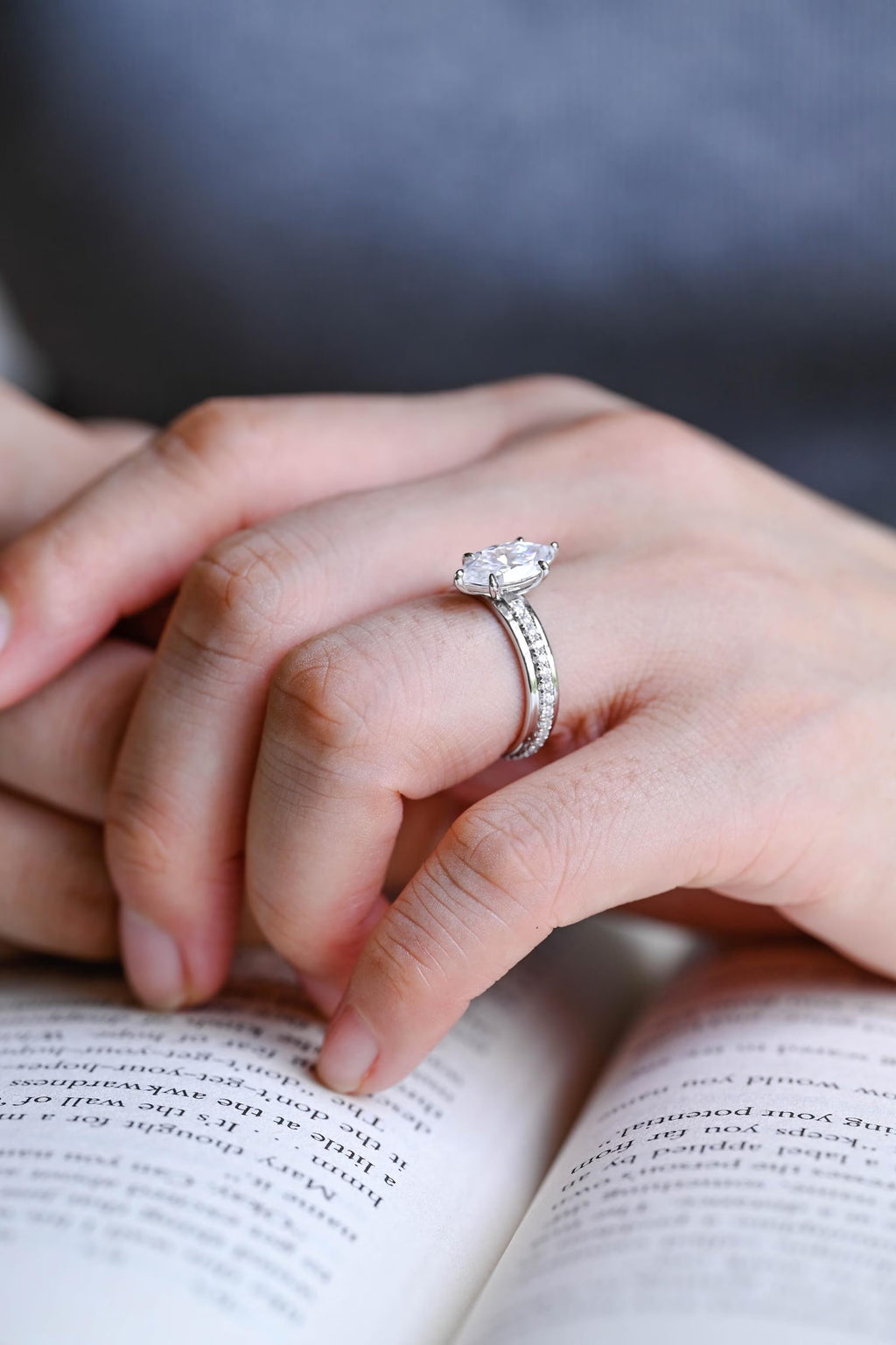 Solid Gold 4mm Wide Band, Marquise Moissanite Engagement Ring