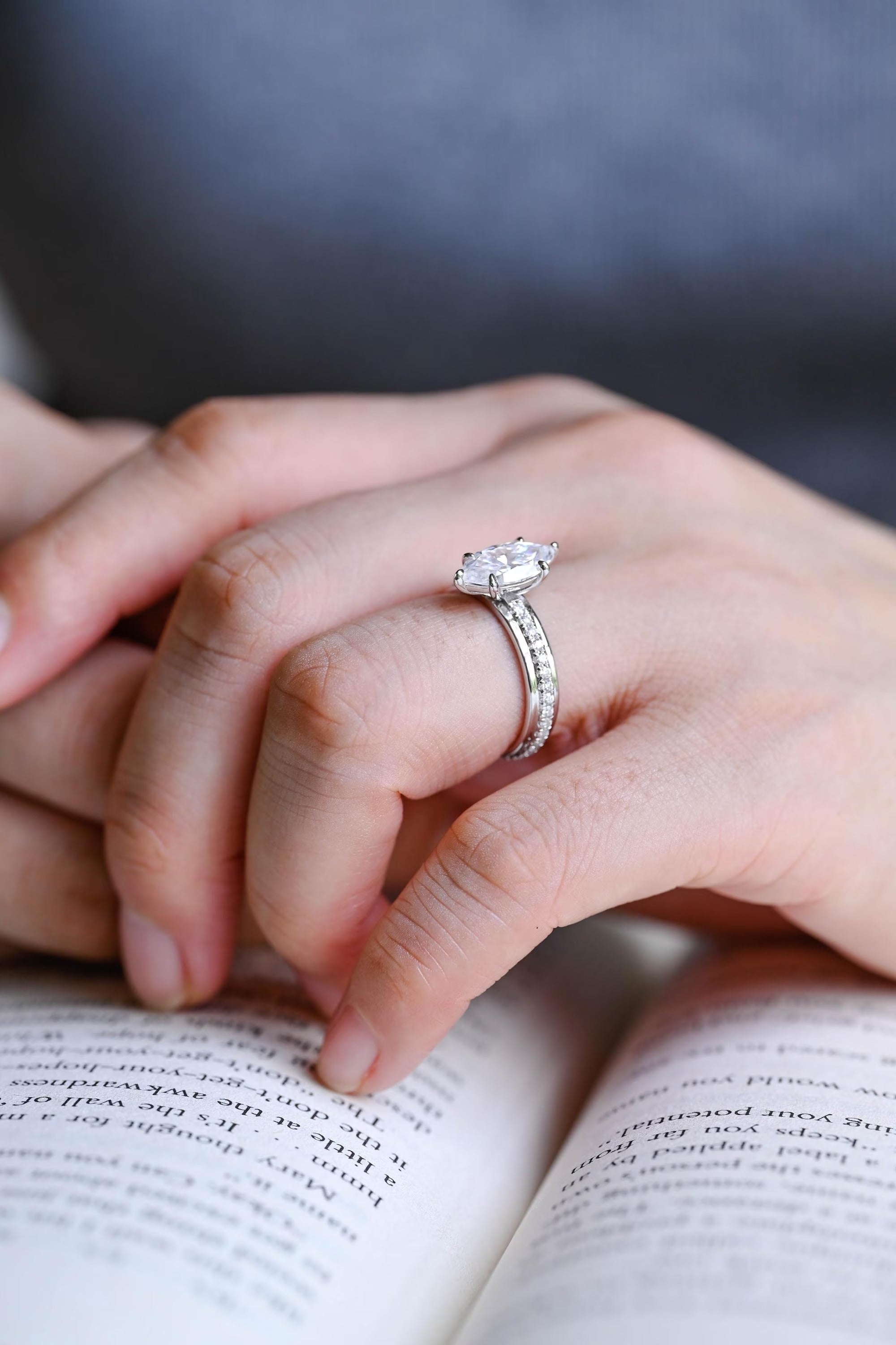 Solid Gold 4mm Wide Band, Marquise Moissanite Engagement Ring