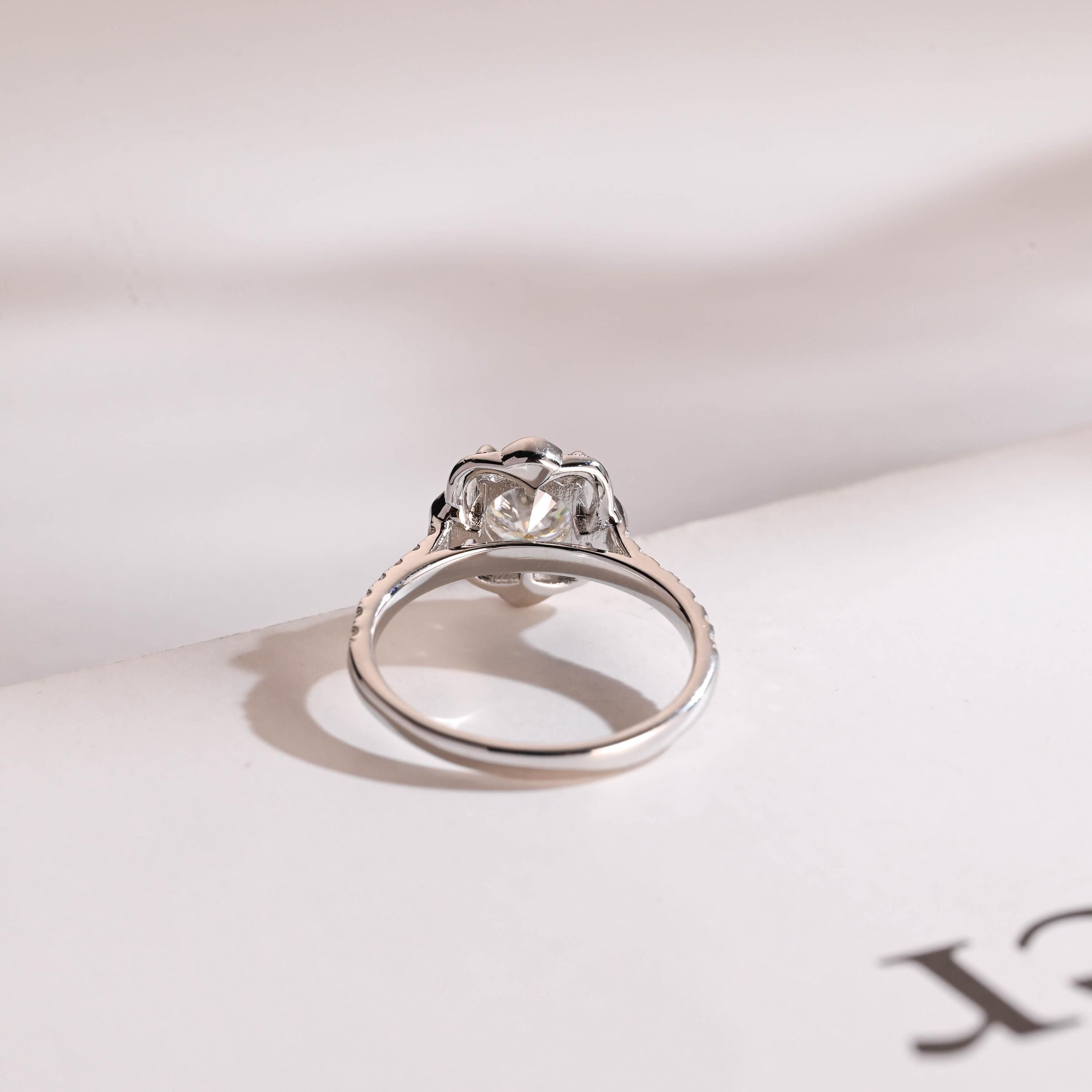Solid Gold Round Moissanite Engagement Ring, Floral Halo Ring