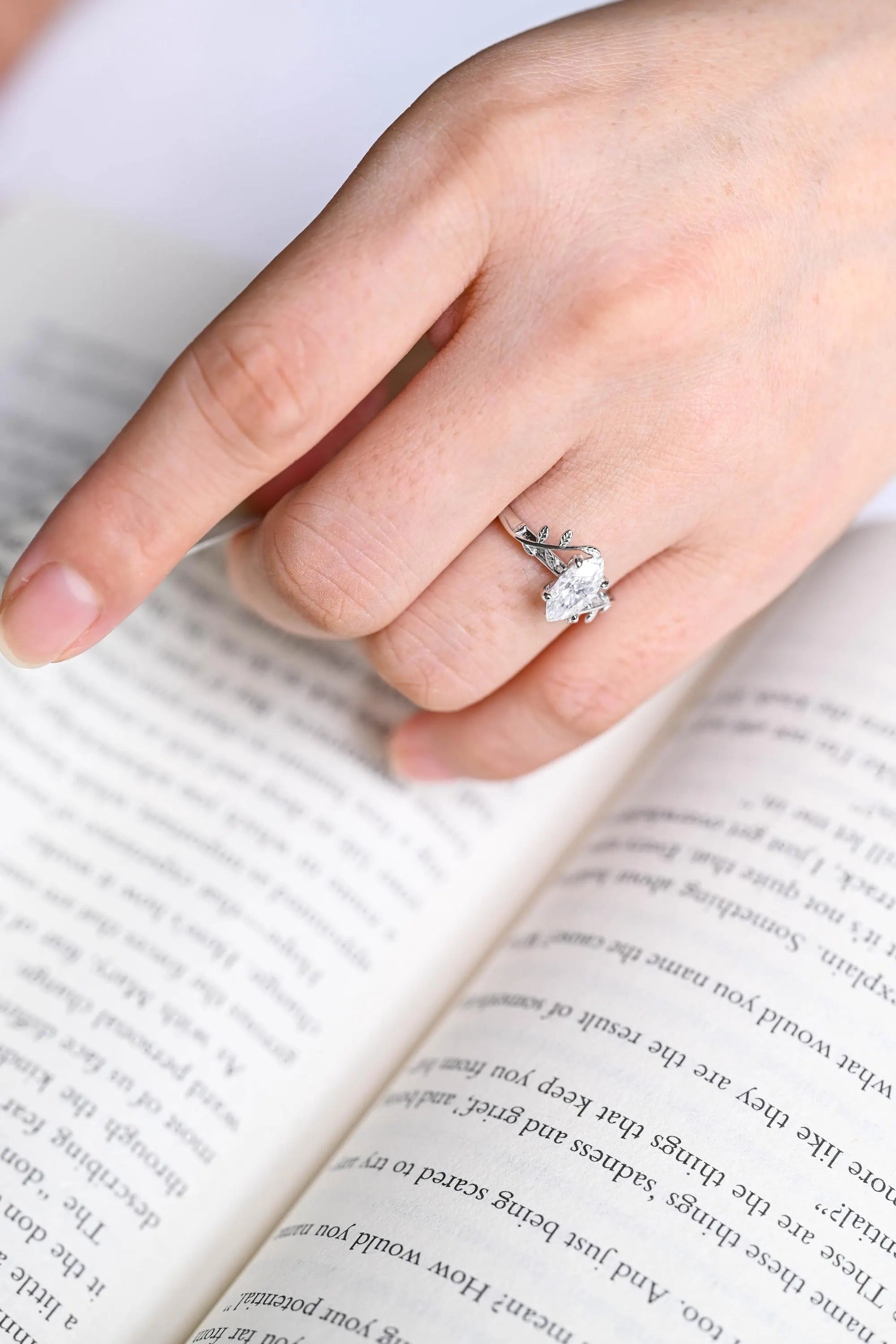 Solid Gold Leaf Ring, Marquise Moissanite Engagement Ring, Proposal Ring