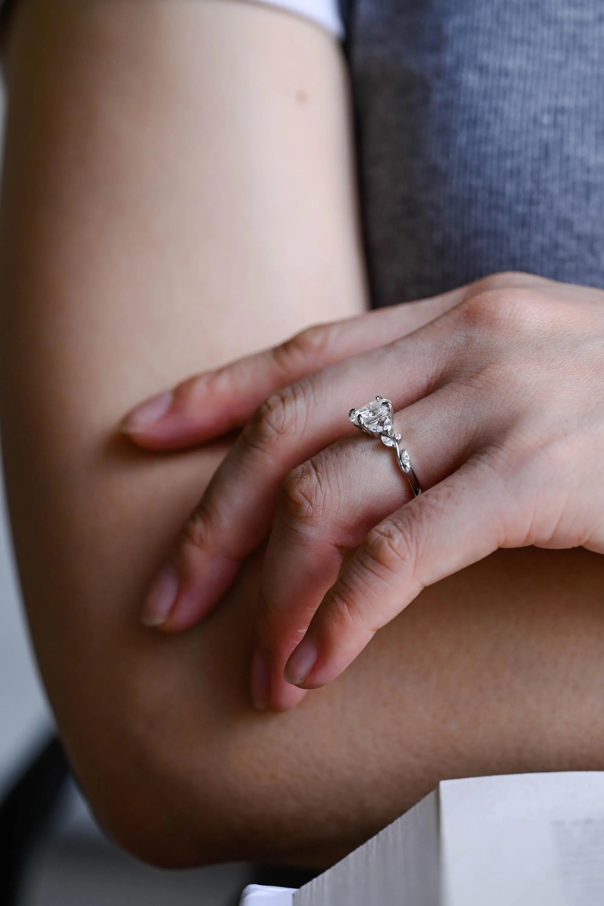 Solid Gold Oval Cut Moissanite Engagement Ring, Dainty Leaf Ring