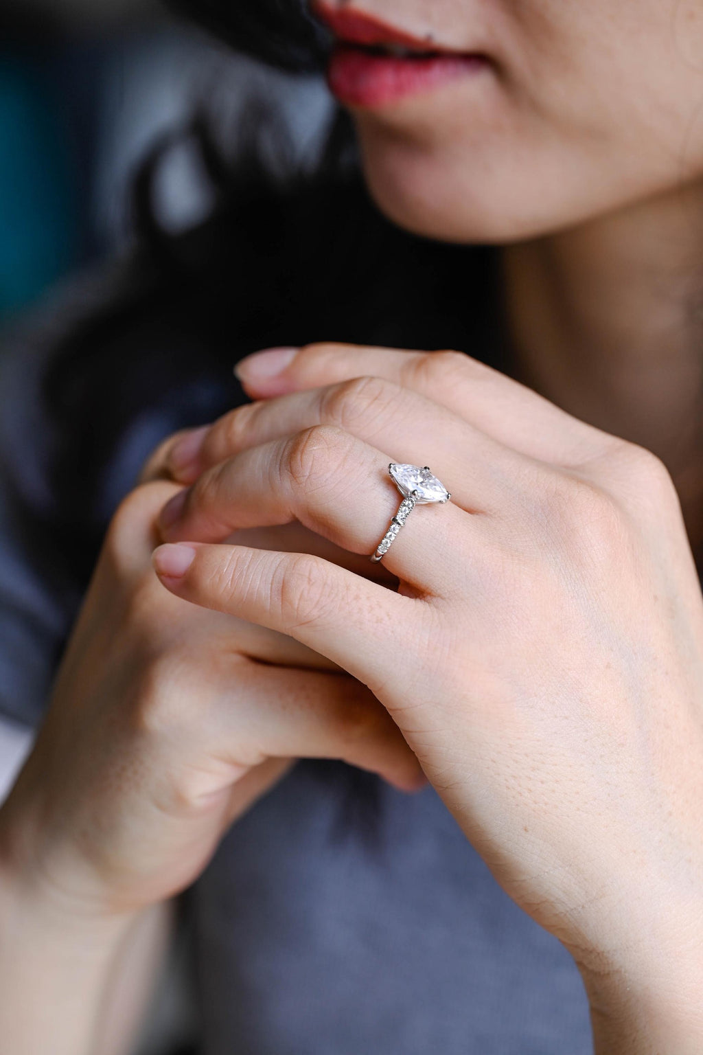 Solid Gold Half Eternity Marquise Cut Moissanite Engagement Ring, Proposal Ring