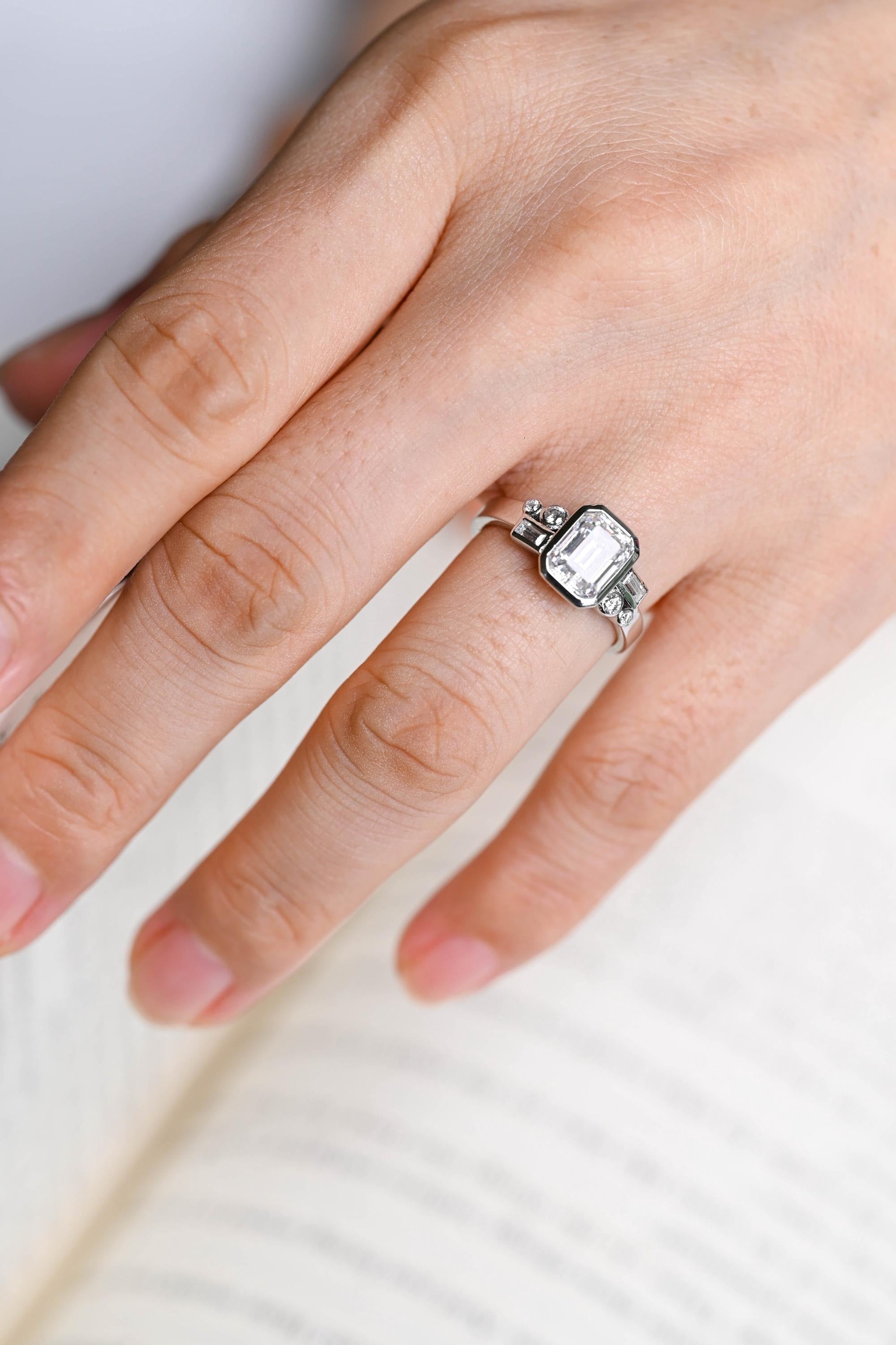 Solid Gold Bezel Emerald Cut Moissanite Engagement Ring, Dainty Cluster Promise Ring