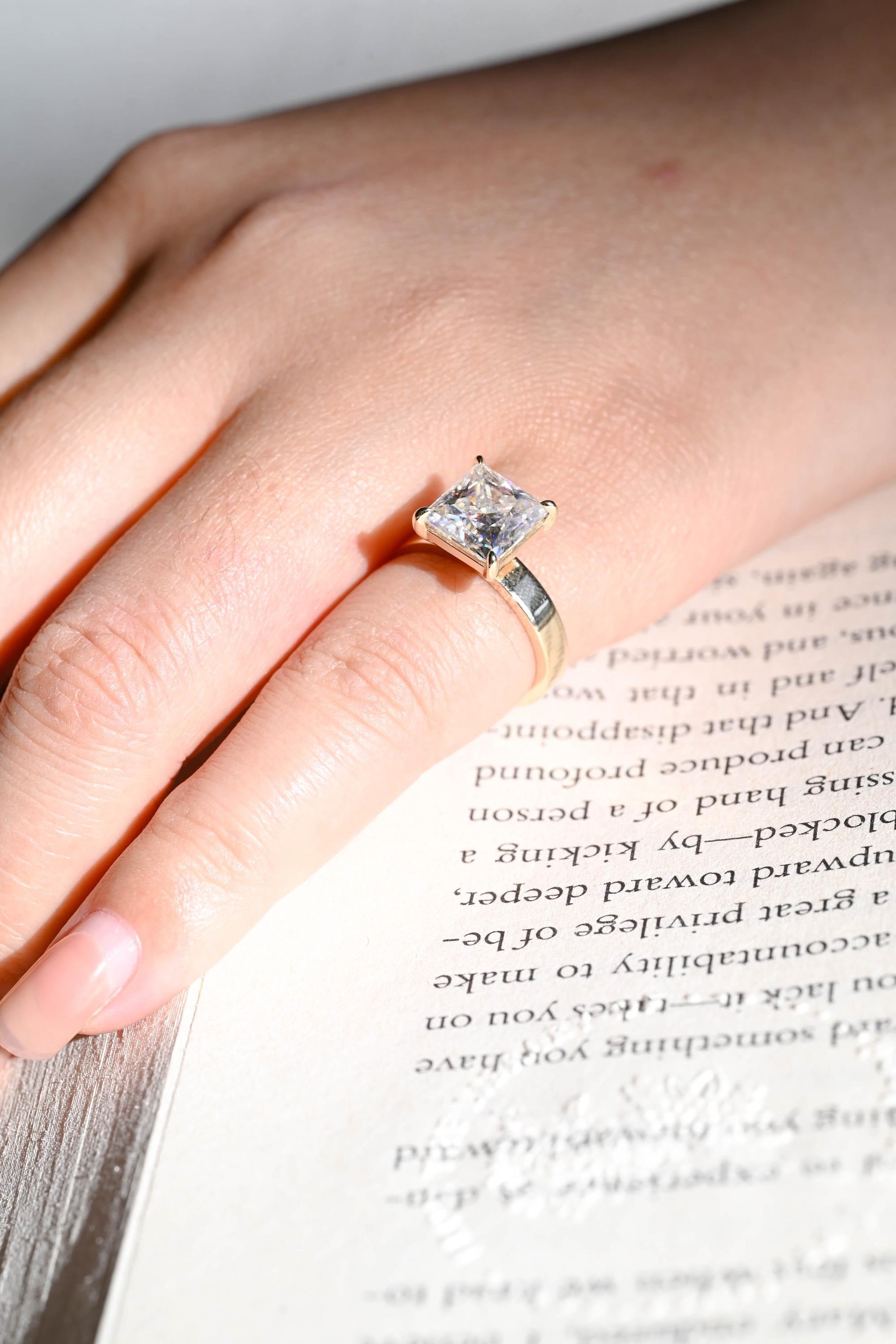 Solid Gold Princess Moissanite Engagement Ring, 3mm Wide Band Bridal Ring