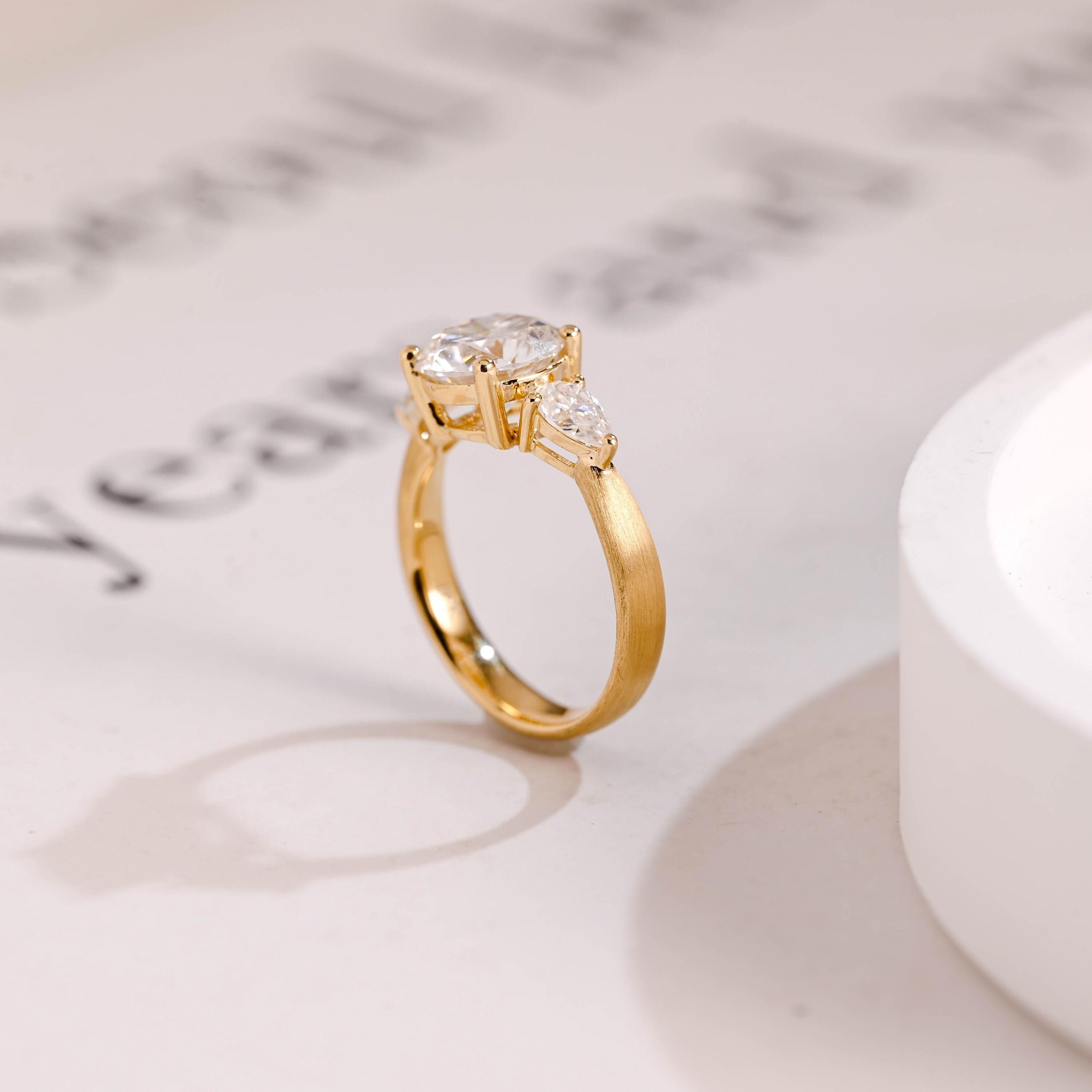 Solid Gold 3mm Width Three Stone Round Cut Moissanite Engagement Ring with Pear Accent Secondary image