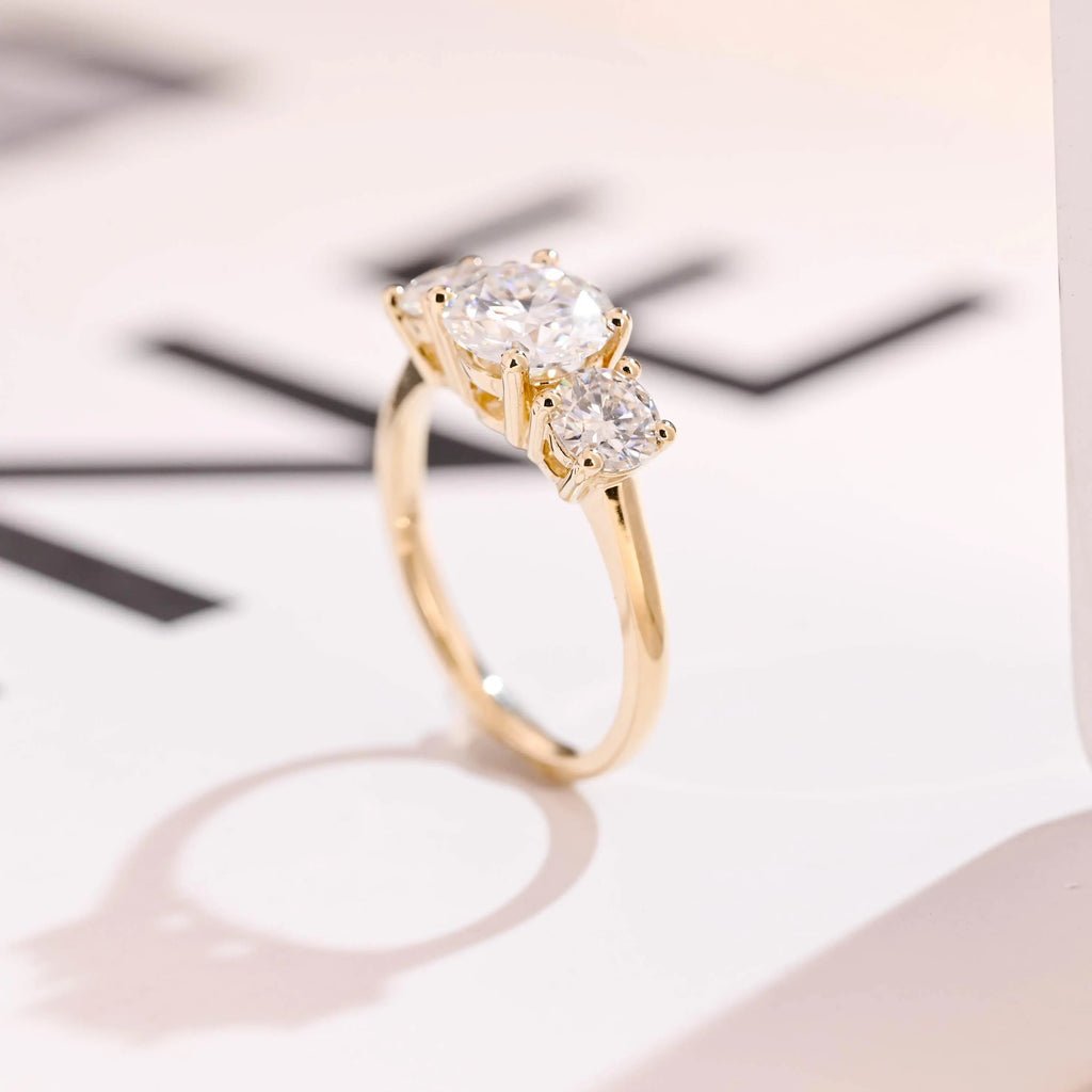 Solid Gold Three Stone Round Cut Moissanite Engagement Ring