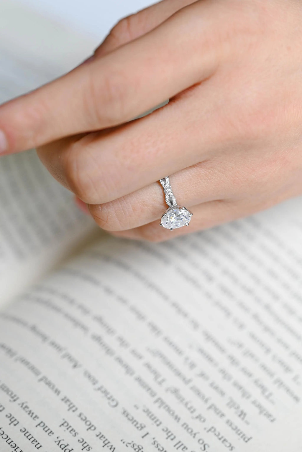 Solid Gold Oval Moissanite Tulip Flower Half Pave Engagement Ring