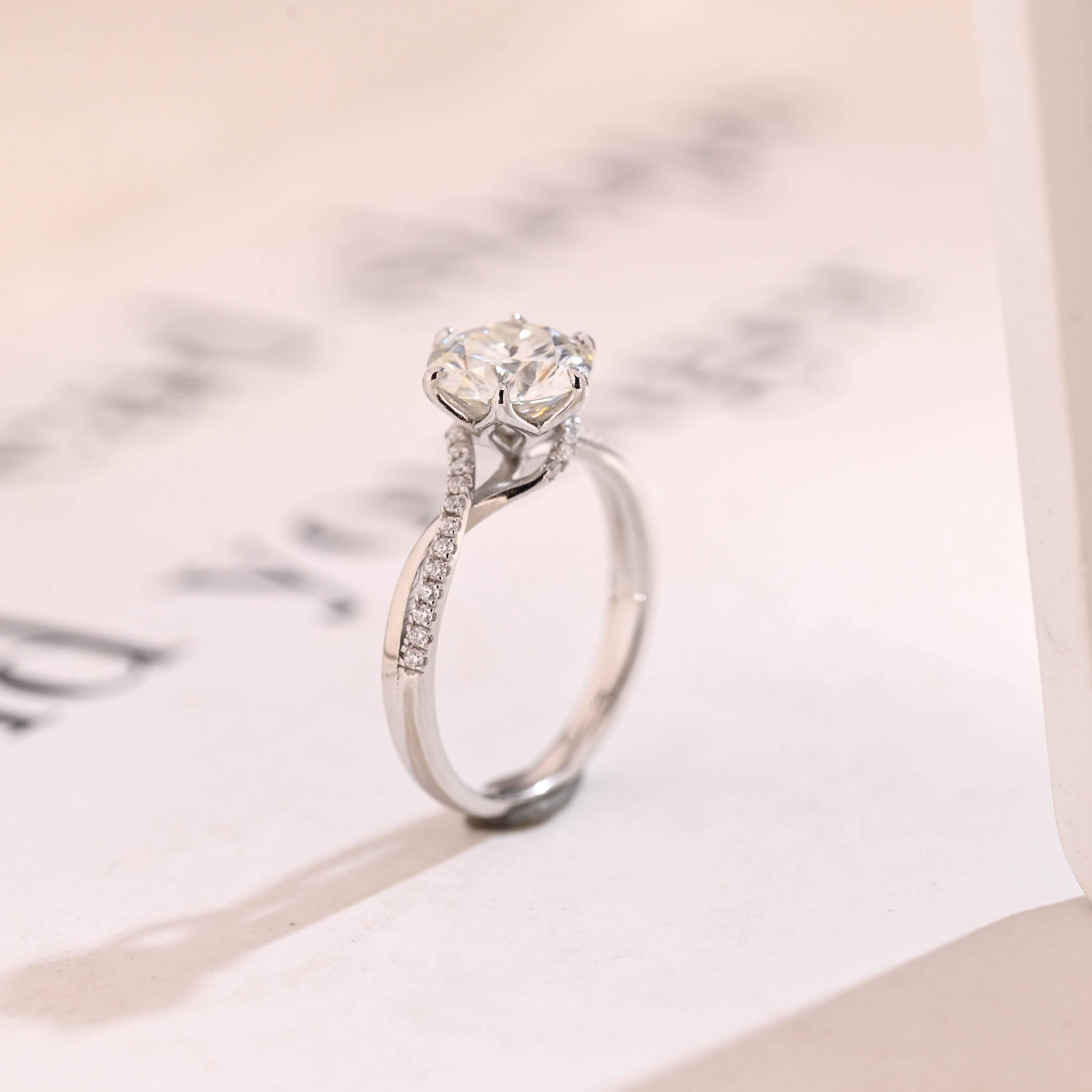 Solid Gold Floral Round Moissanite Engagement Ring, Twisted Band Anniversary Ring