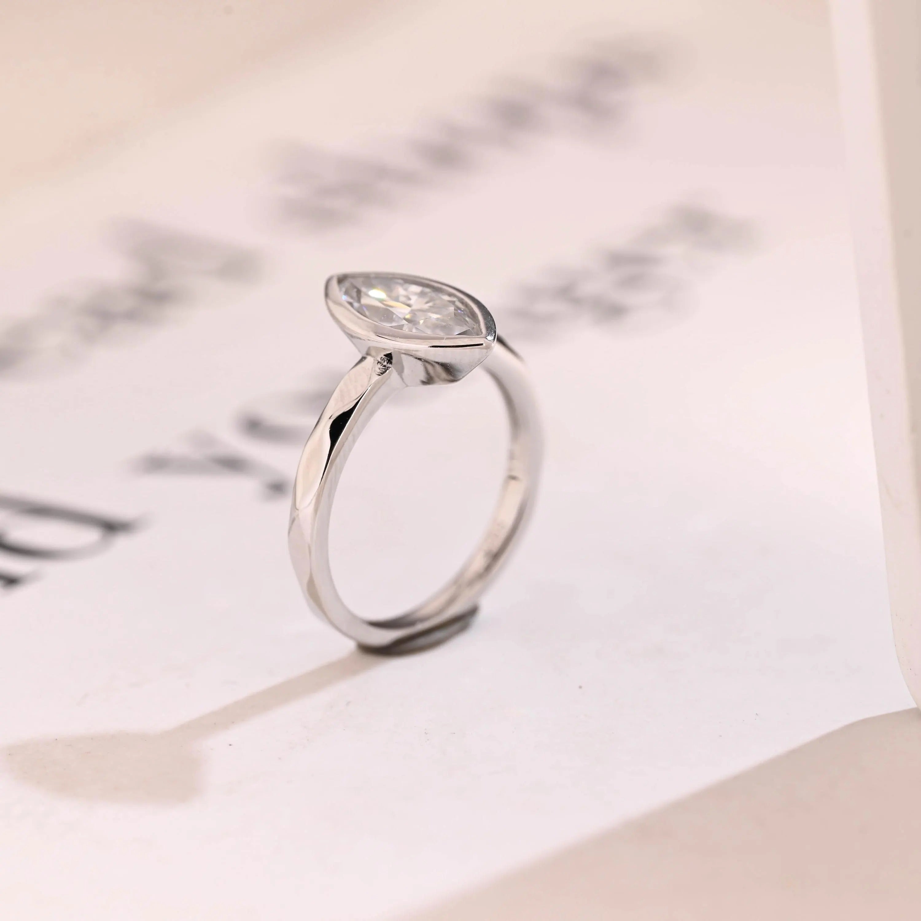 Solid Gold Marquise Moissanite Engagement Ring, Minimalist Bezel Ring