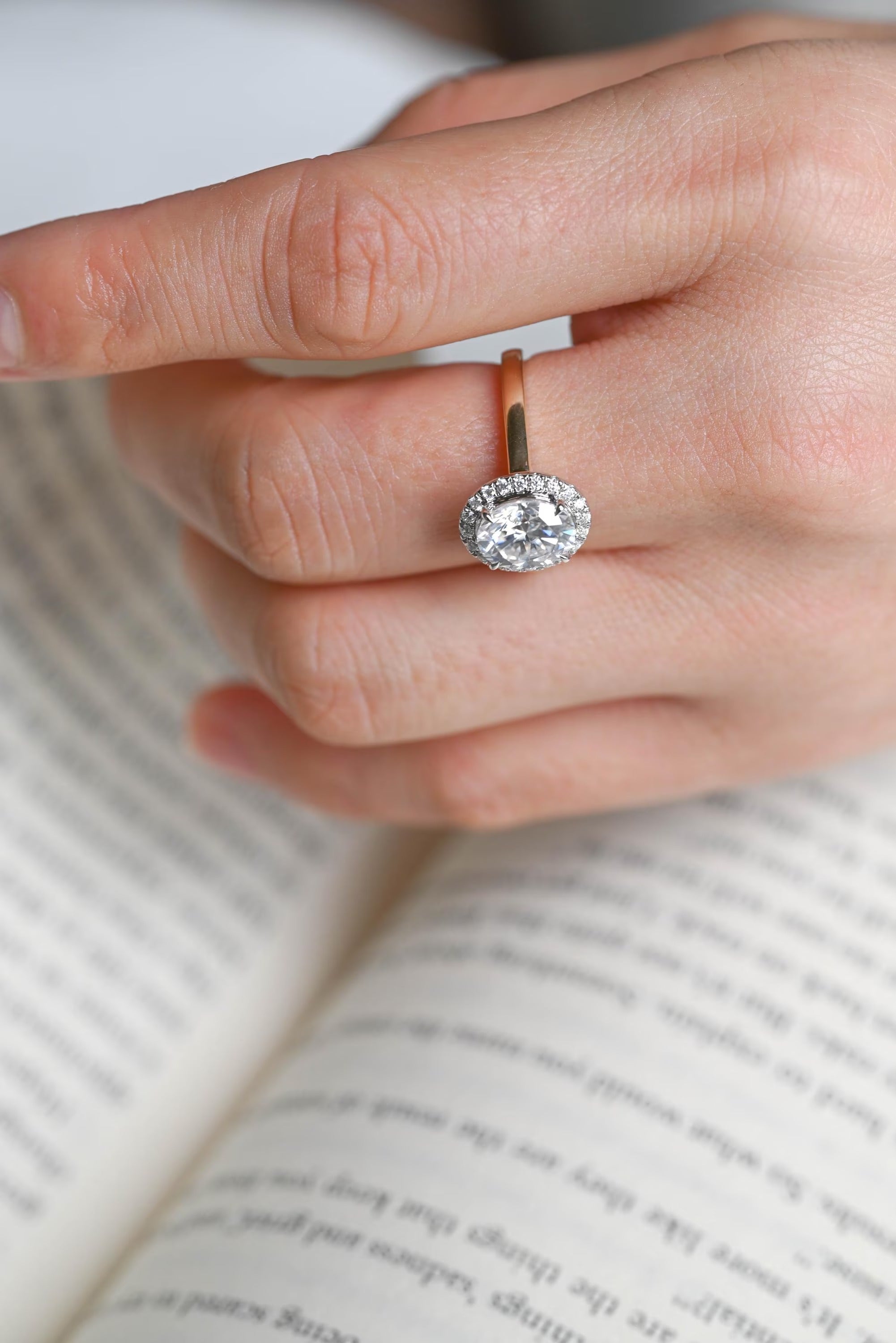Solid Gold Oval Moissanite Engagement Ring, Two Tone Promise Ring