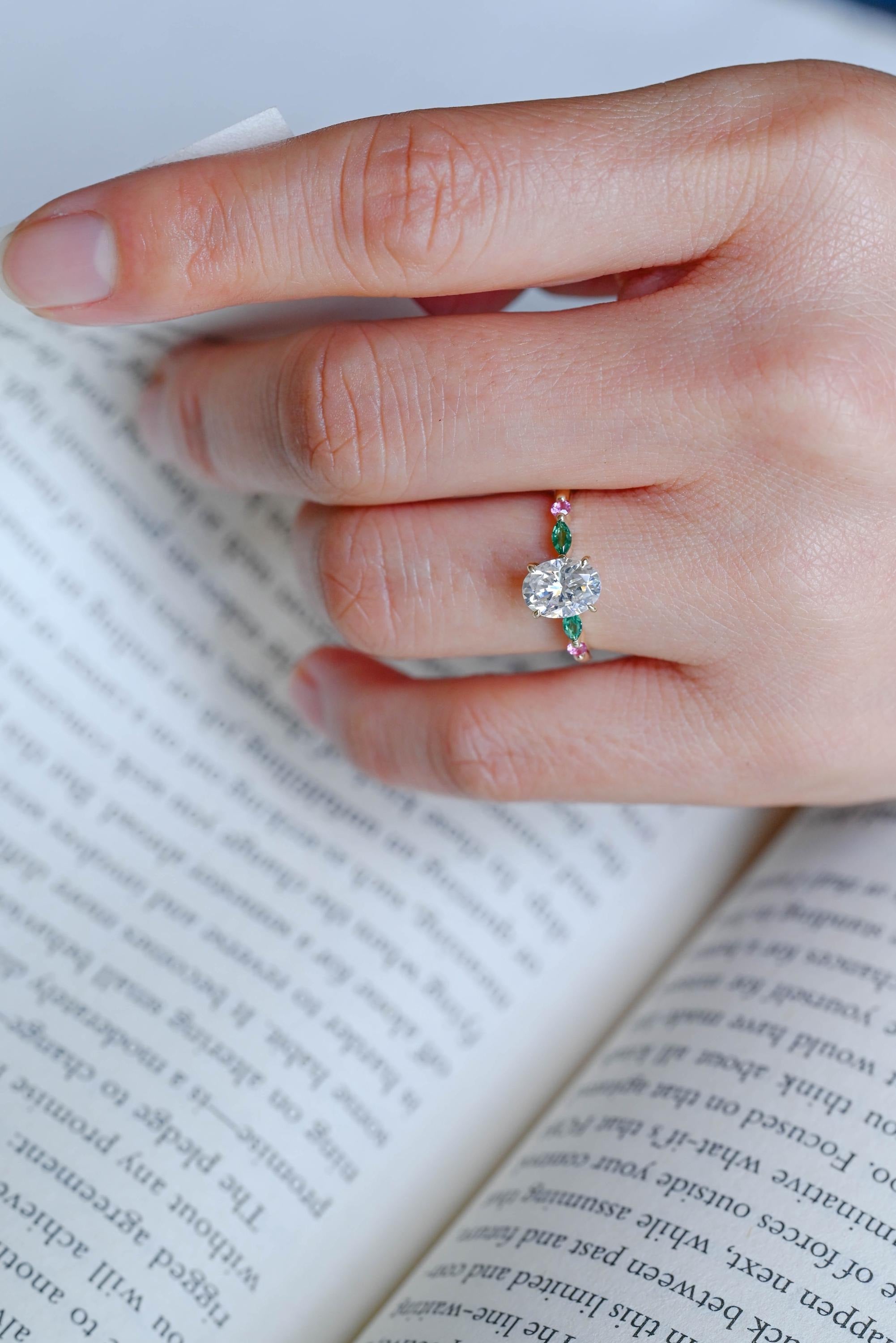 Solid Gold Oval Moissanite Engagement Ring with Ruby & Emerald