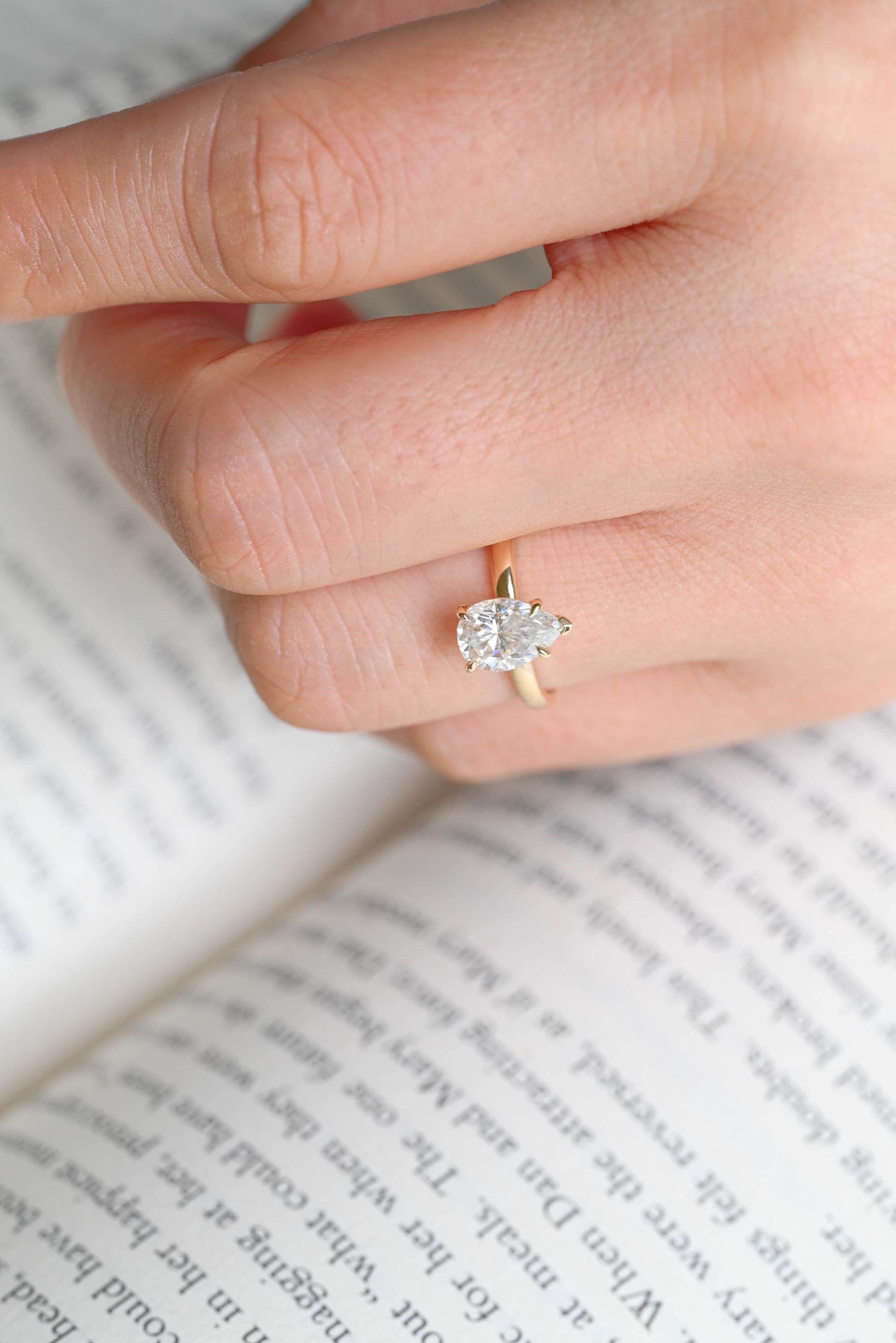 Solid Gold Minimalist Pear Moissanite Engagement Ring, Dainty Promise Ring