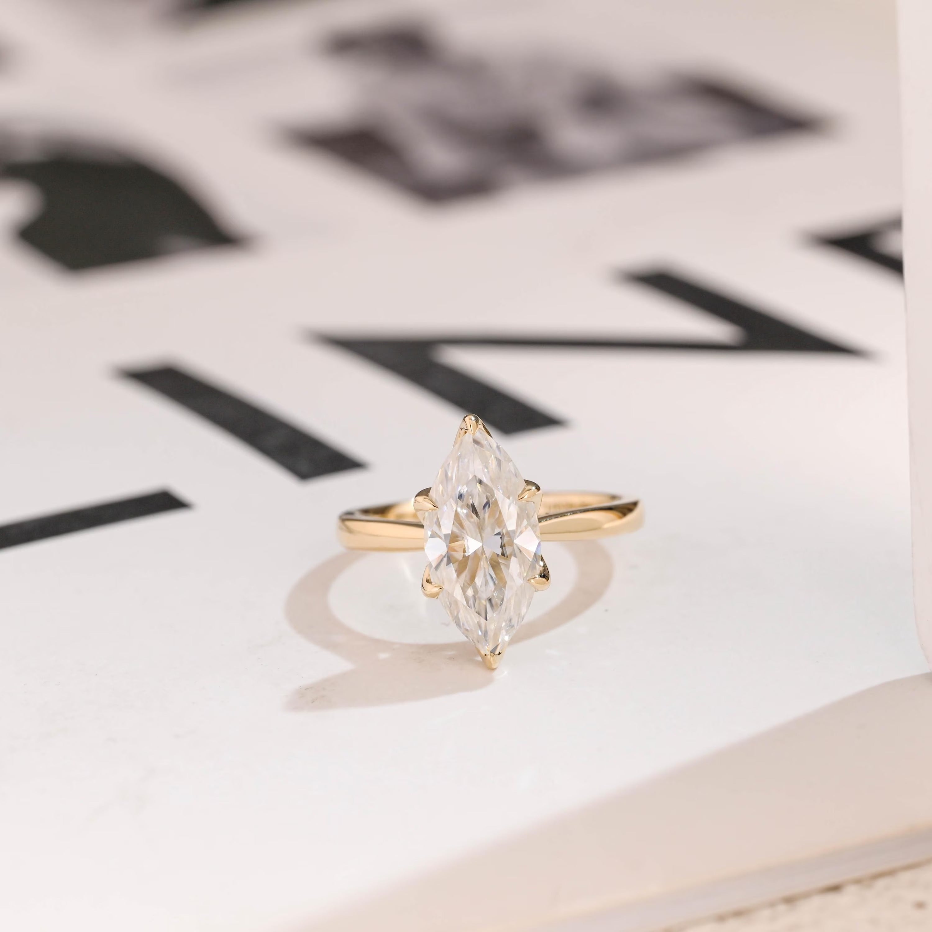 Solid Gold Tulip Floral Ring, Marquise Moissanite Engagement Ring, Cathedral Ring Main image