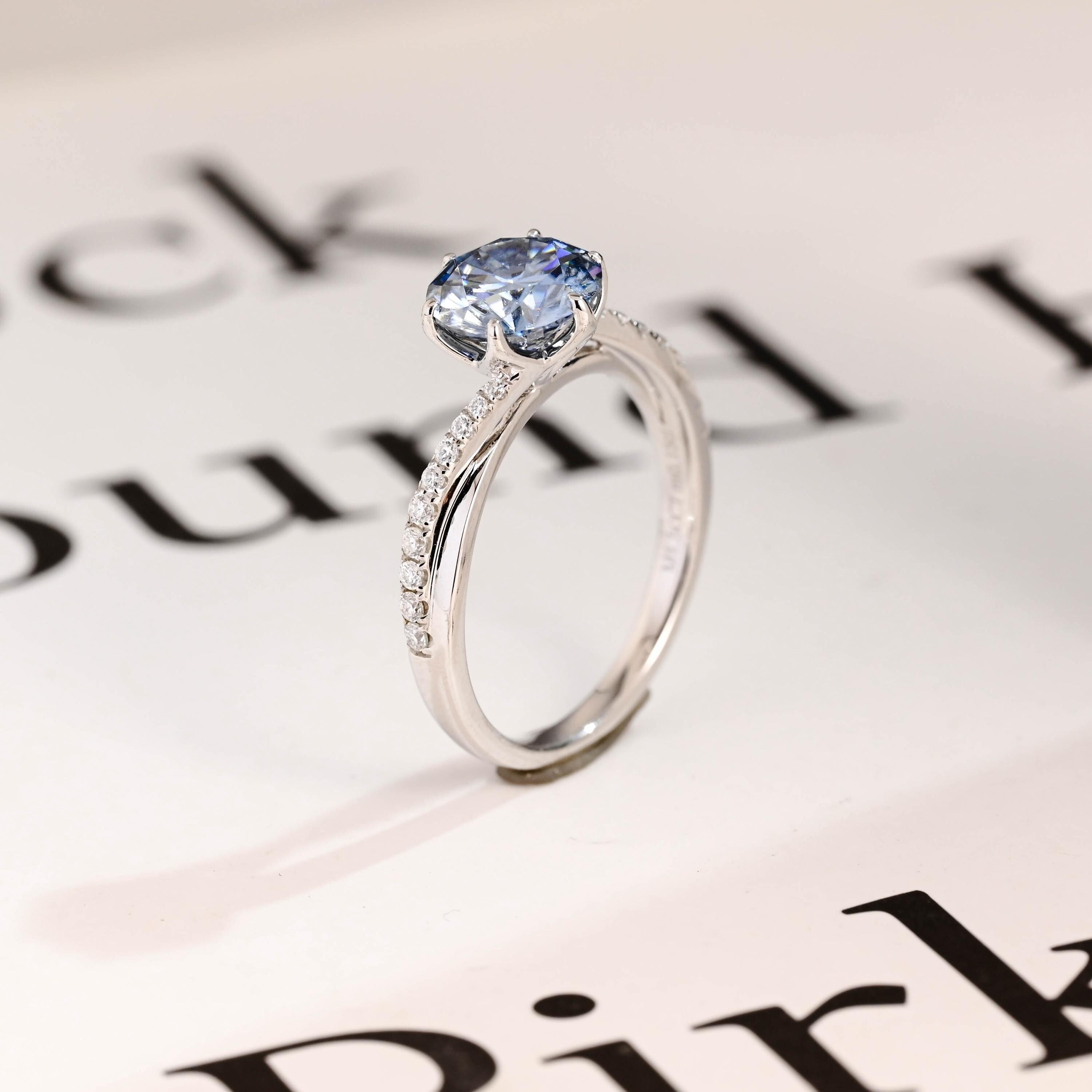 Solid Gold Round Cut Blue Moissanite Engagement Ring, Tulip Floral Bridal Ring Secondary image
