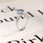 Solid Gold Round Cut Blue Moissanite Engagement Ring, Tulip Floral Bridal Ring
