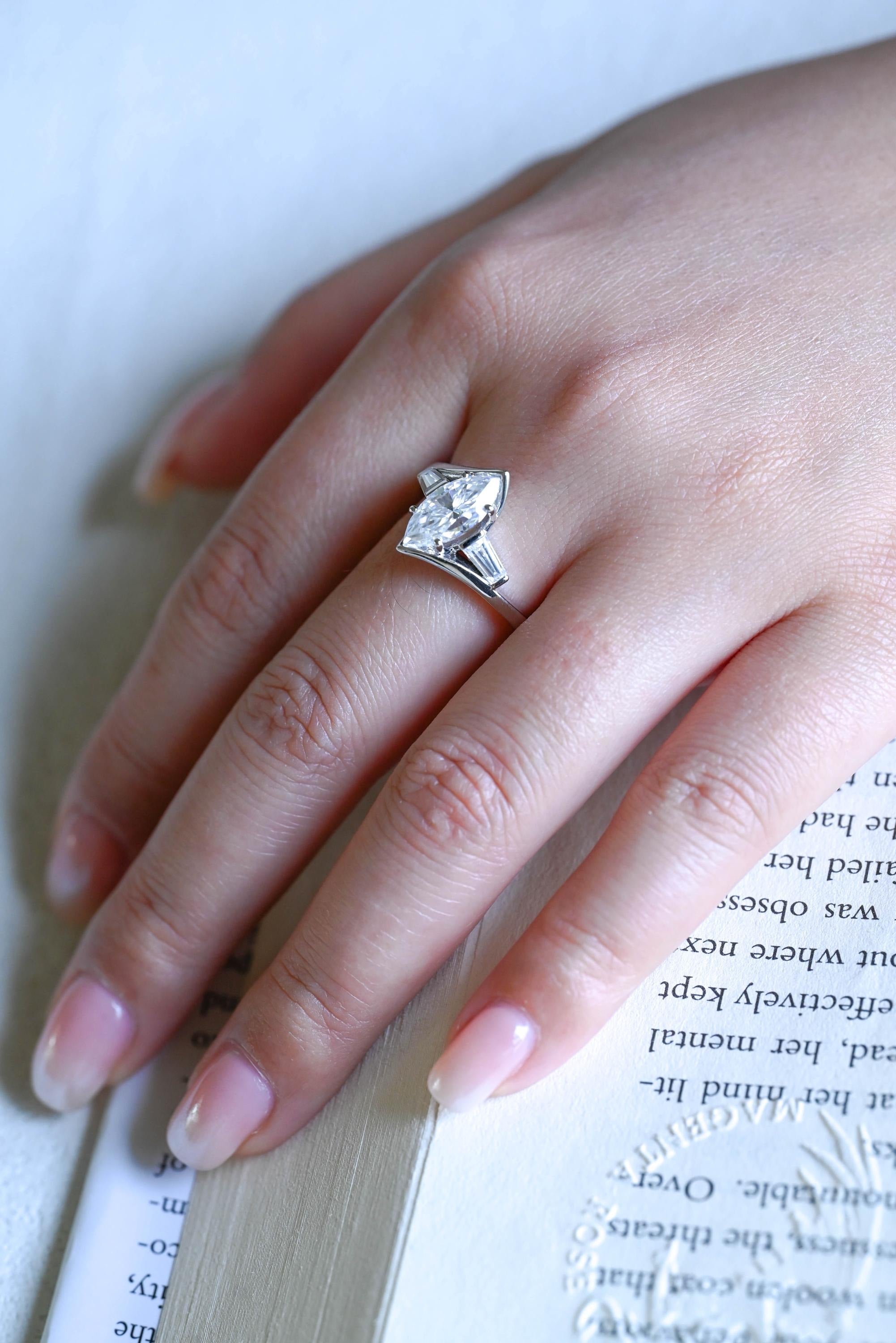 Solid Gold Marquise Moissanite Engagement Ring, Bezel Three Stone Ring