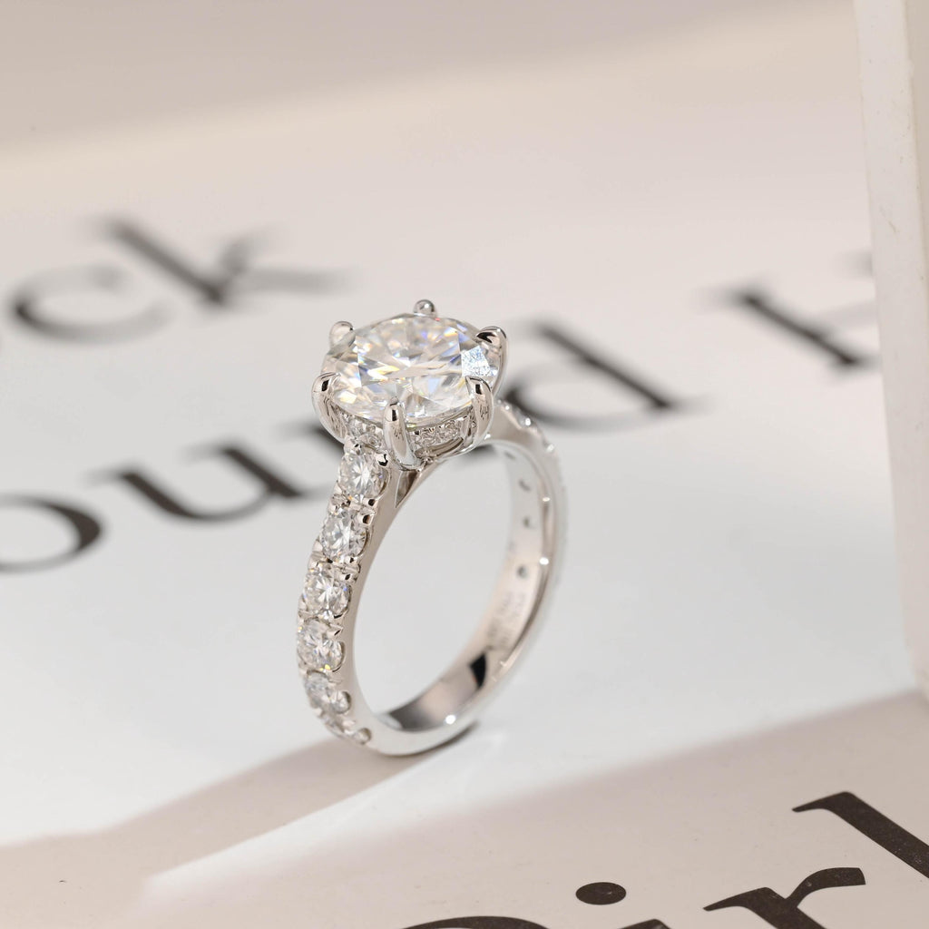 Solid Gold Round Moissanite Engagement Ring, 3.5mm Wide Band Ring