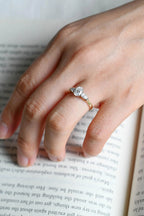 Solid Gold Oval Moissanite Engagement Ring, Three Stone Promise Ring