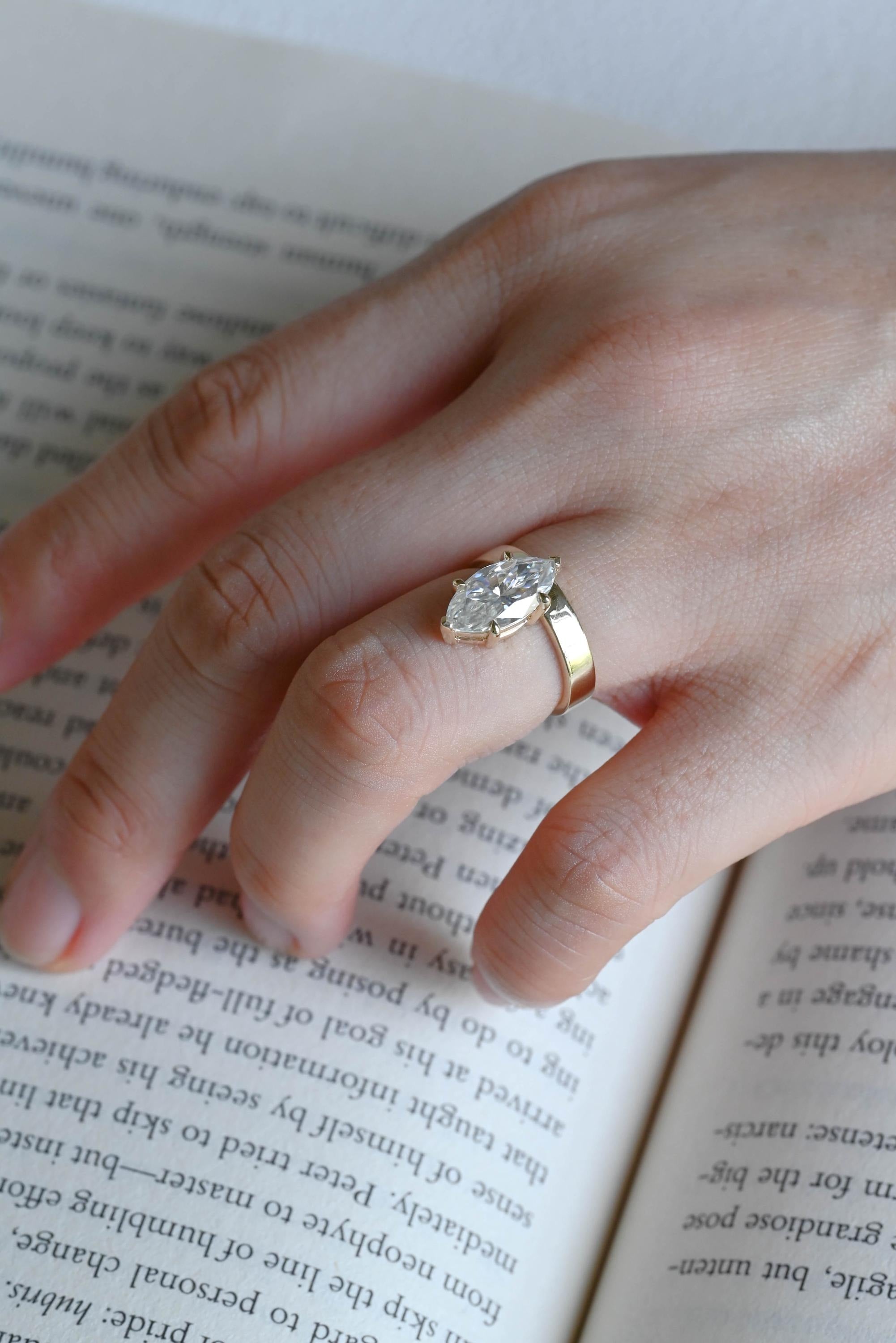 Solid Gold 3.5mm Wide Band Marquise Moissanite Engagement Ring