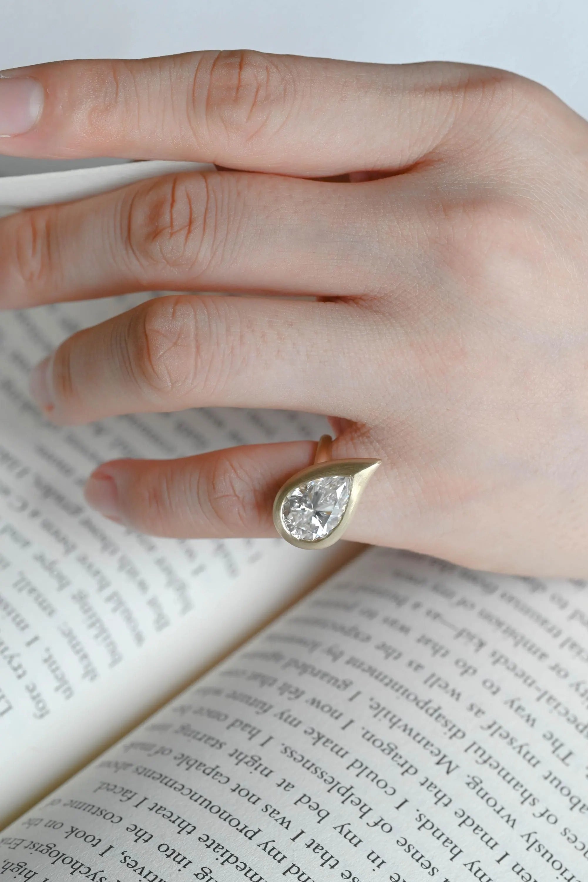 Solid Gold Pear Moissanite Engagement Ring, Bezel Set Brushed Finish