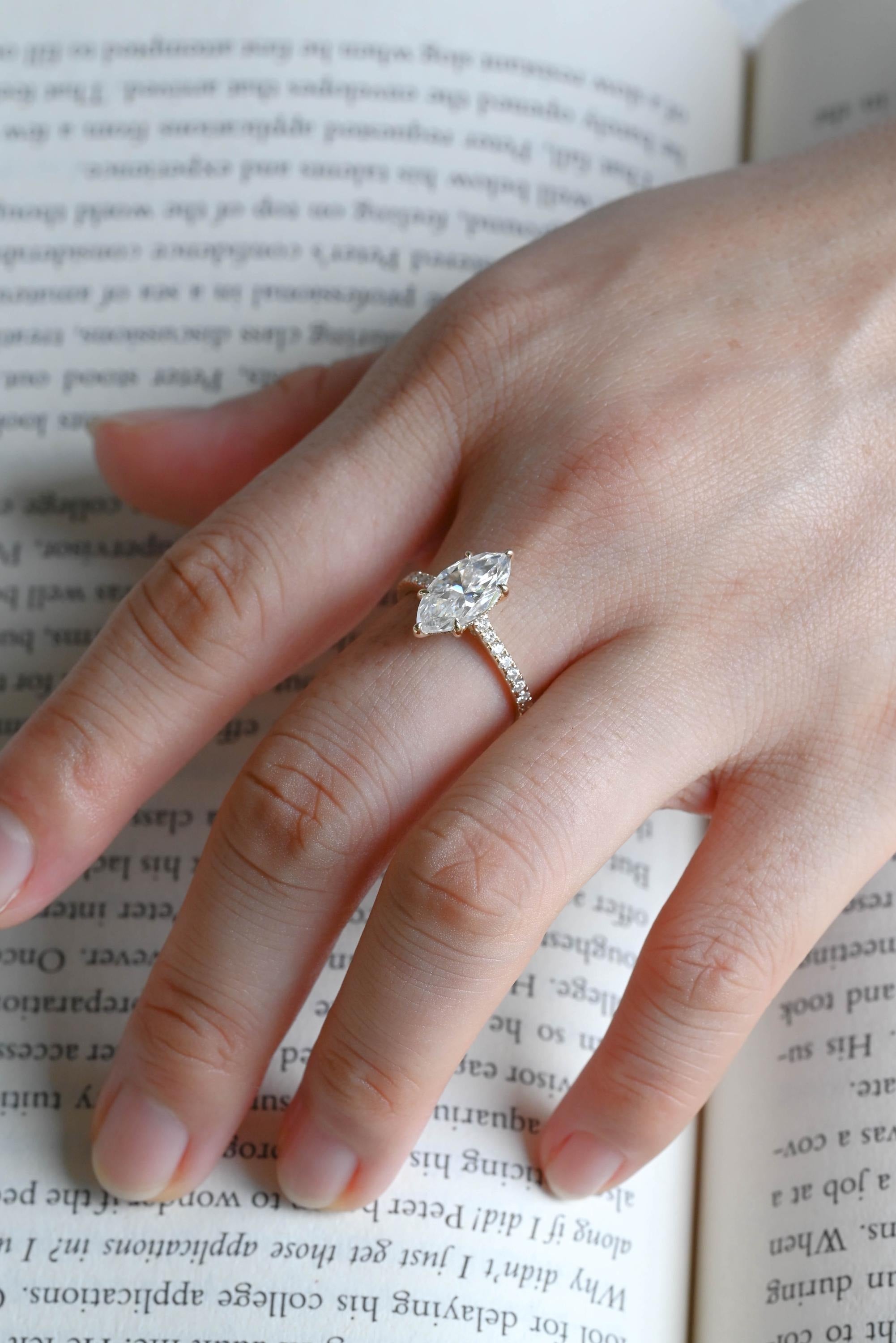 Solid Gold Marquise Marquise Moissanite Ring, Cathedral Half Eternity Ring
