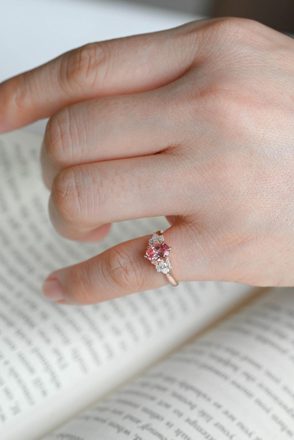 Solid Gold Oval Cut Pink Lab Grown Sapphire Engagement Ring, Three Stone Ring