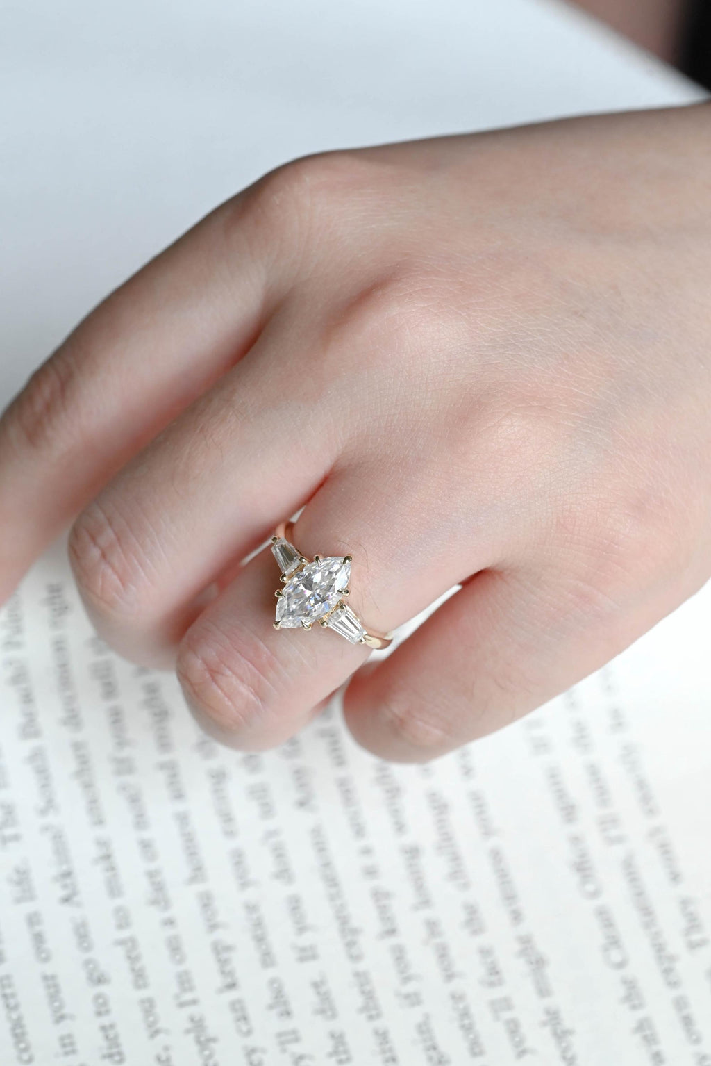 Solid Gold Three Stone Ring, Marquise Moissanite Engagement Ring