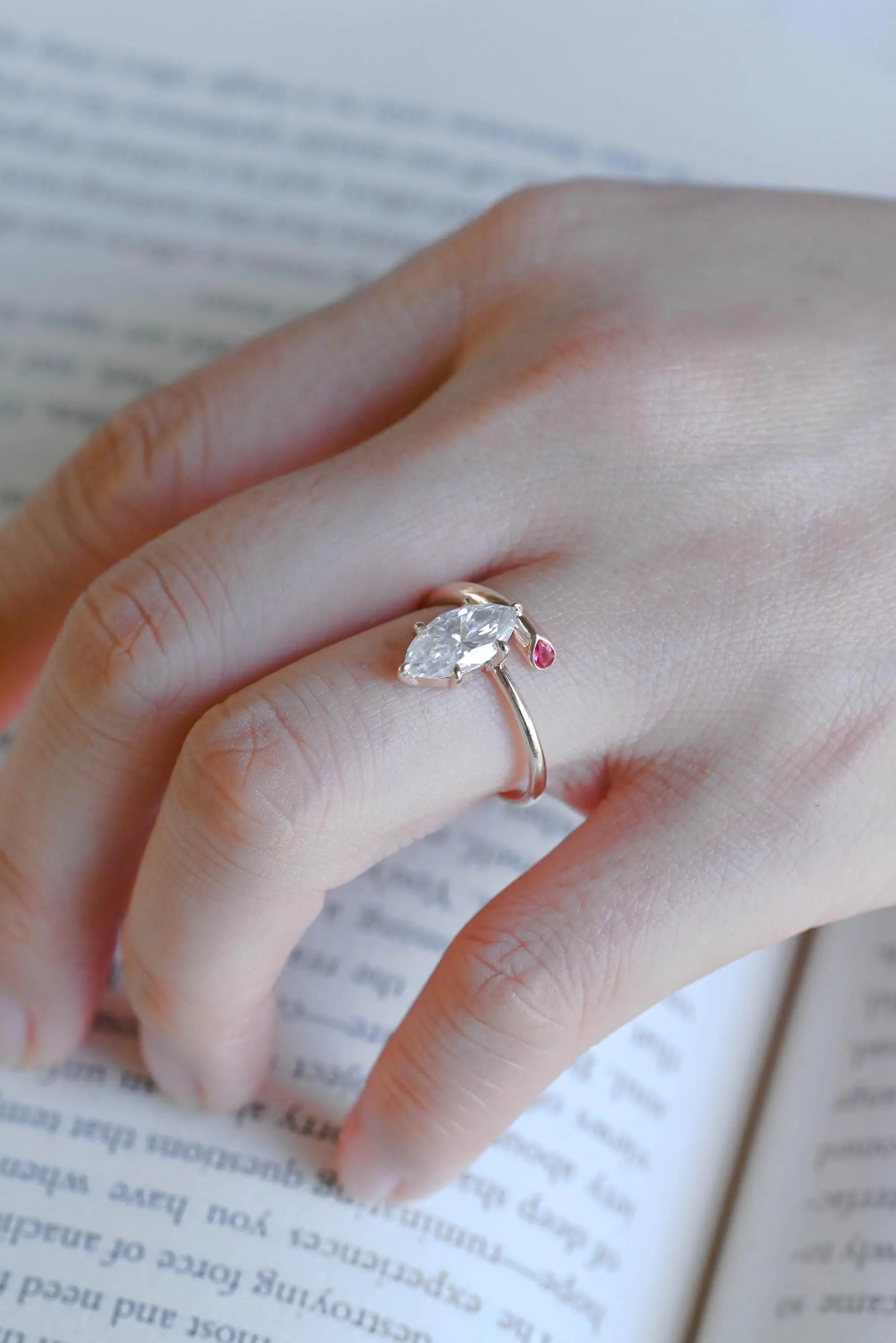 Solid Gold Marquise Cut Moissanite Engagement Ring, Open Shank Ring