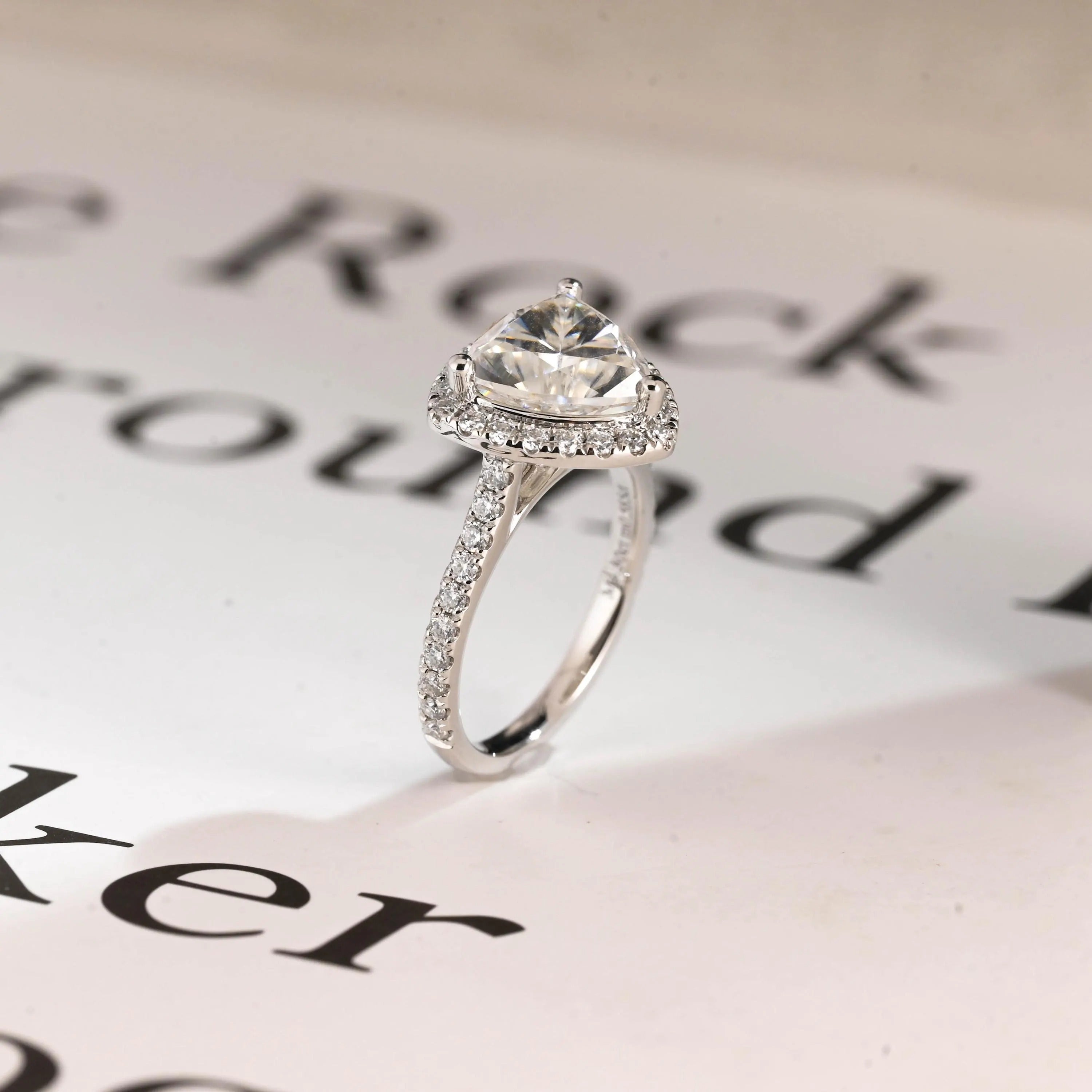 Solid Gold Trillion Cut Moissanite Engagement Ring, Halo Triangle Wedding Ring Secondary image