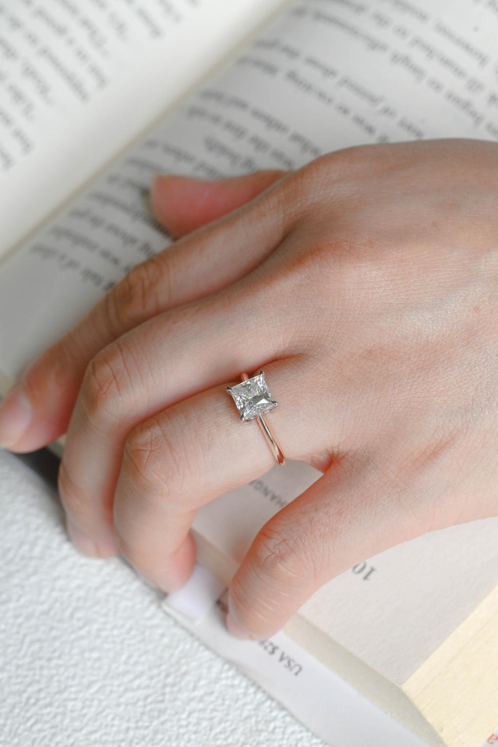 Solid Gold Two Tone Princess Cut Moissanite Engagement Ring, Proposal Ring