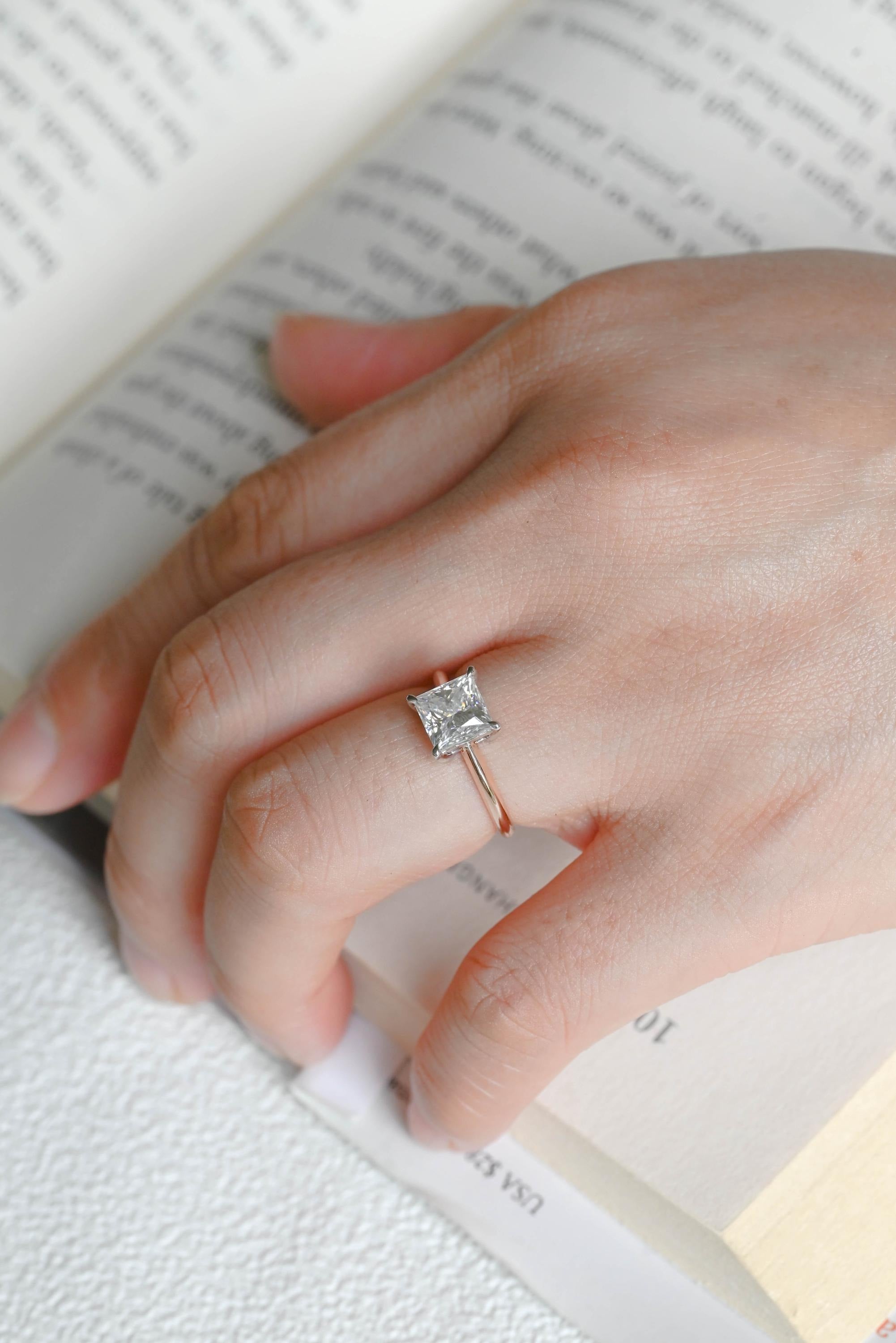 Solid Gold Two Tone Princess Cut Moissanite Engagement Ring, Proposal Ring