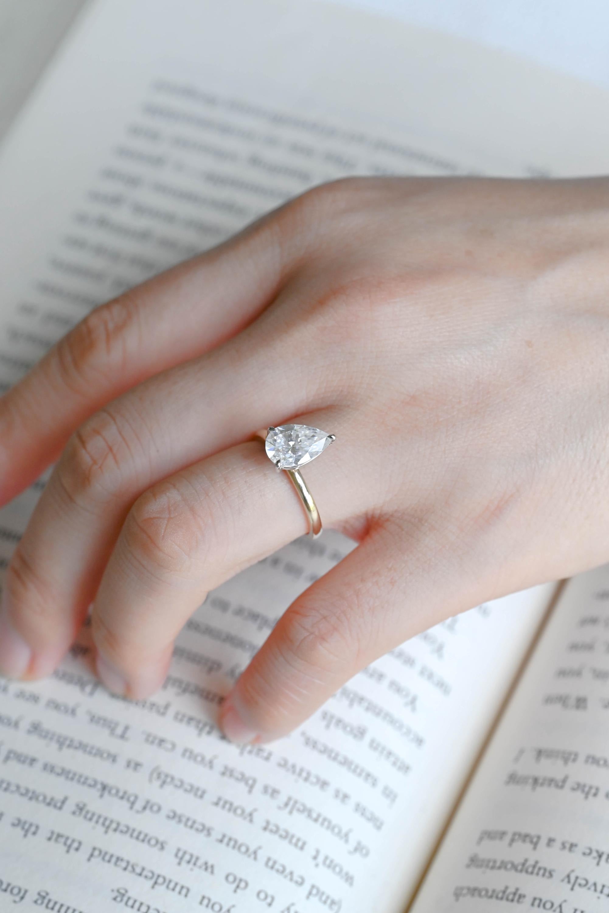 Solid Gold Two Tone Pear Cut Moissanite Engagement Ring, Unique Anniversary Ring