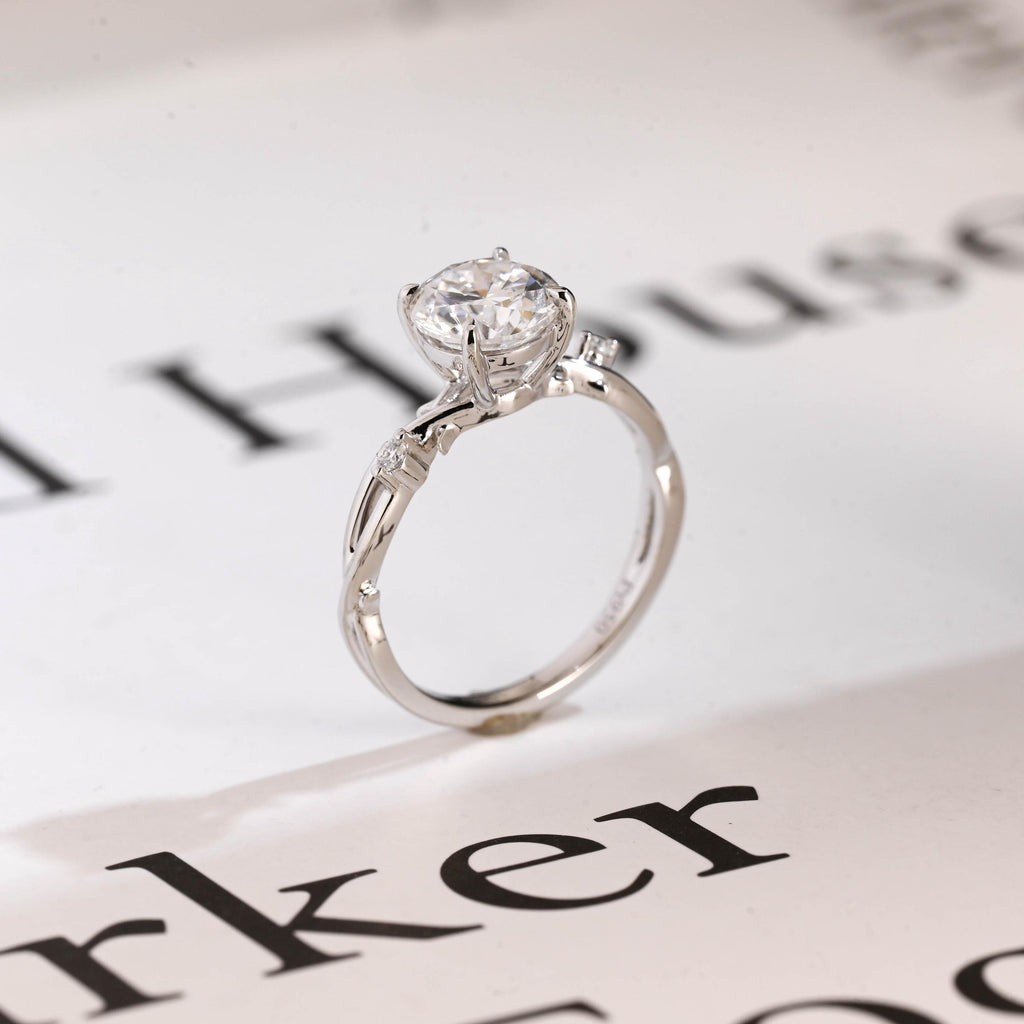 Solid Gold Round Cut Moissanite Engagement Ring, Twisted Band Ring
