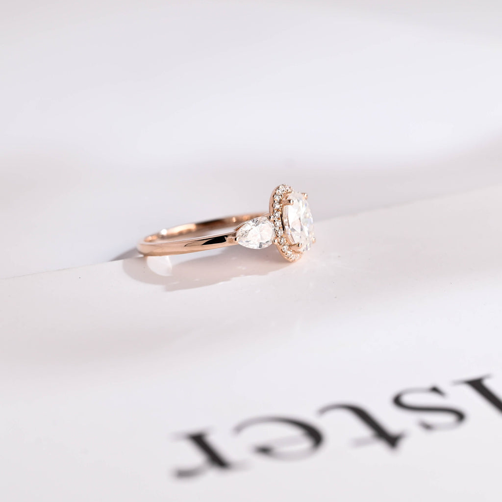 Solid Gold Three Stone Oval Cut Moissanite Engagement Ring