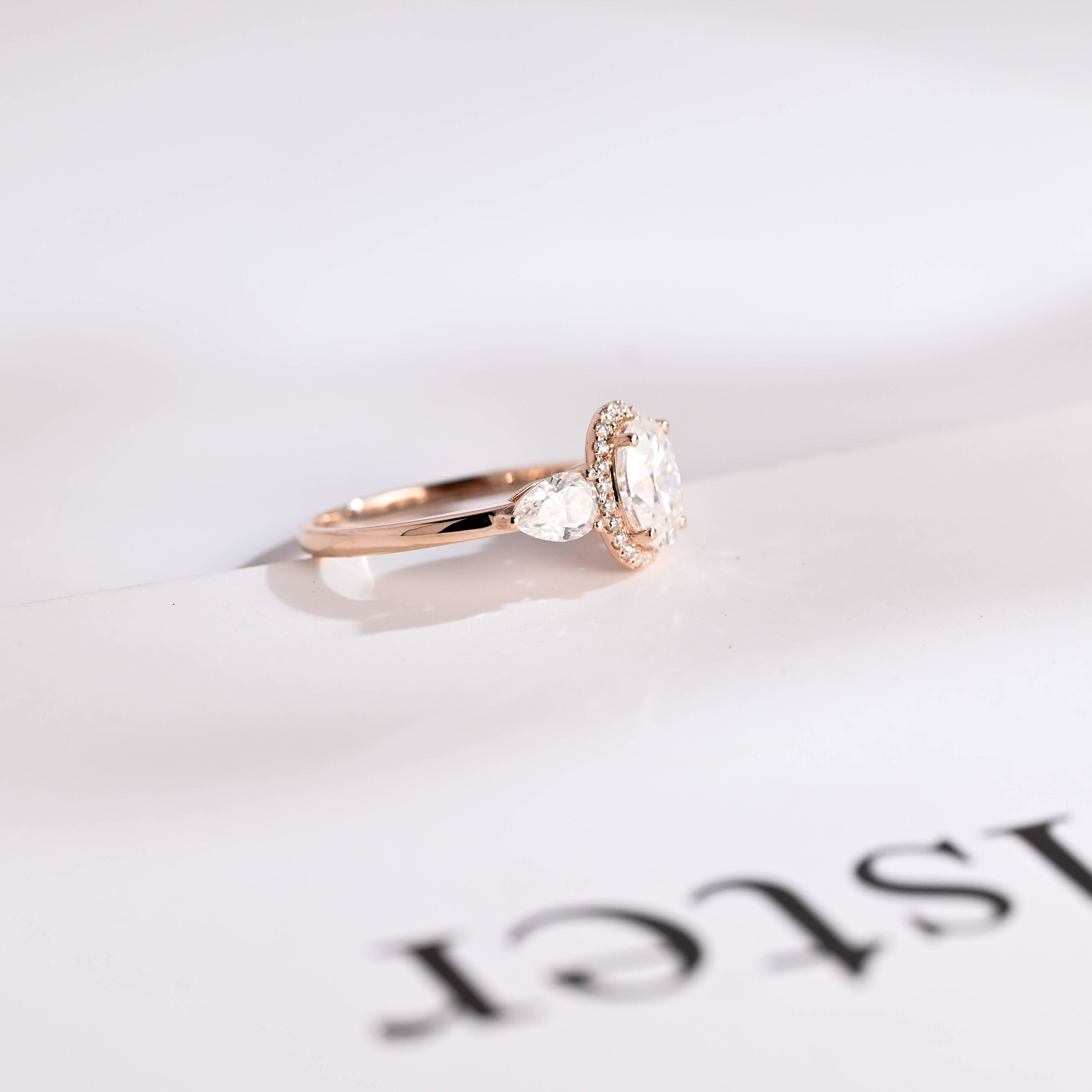Solid Gold Three Stone Oval Cut Moissanite Engagement Ring