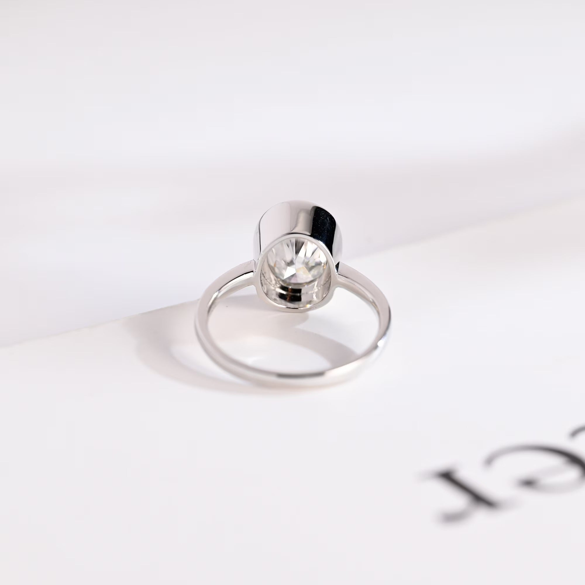 Solid Gold Oval Cut Crushed Ice Moissanite Engagement Ring with Bezel