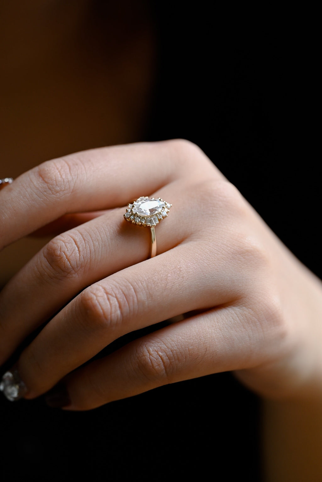 Solid Gold Marquise Cut Halo Moissanite Engagement Ring, Bridal Ring for Women