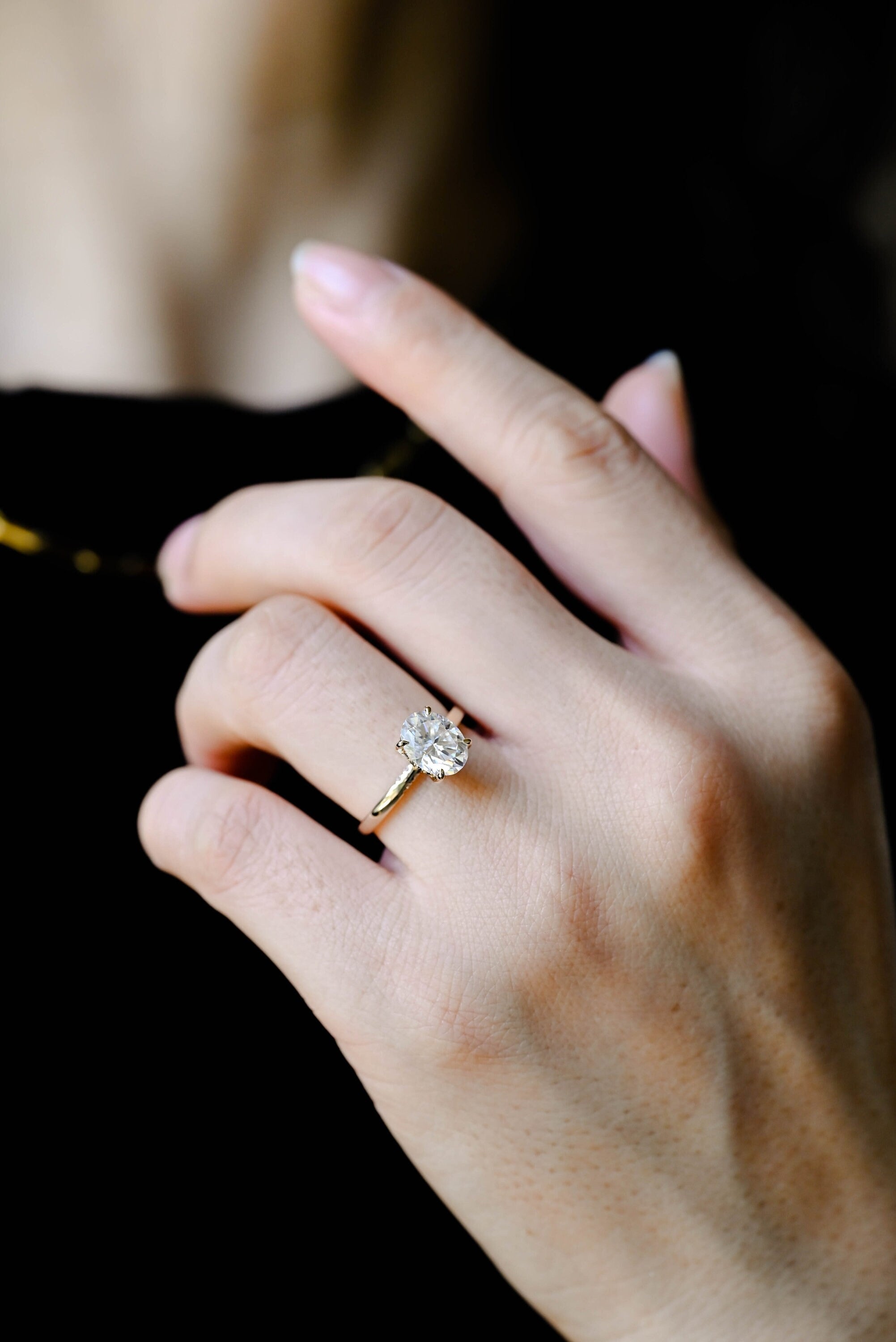 Solid Gold Oval Cut Moissanite Engagement Ring with Black Moissanite Hidden Halo