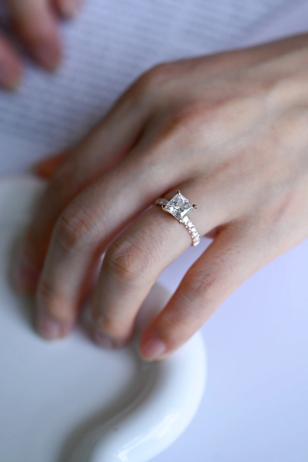 Solid Gold Princess Cut Moissanite Engagement Ring, Anniversary Gift for Her