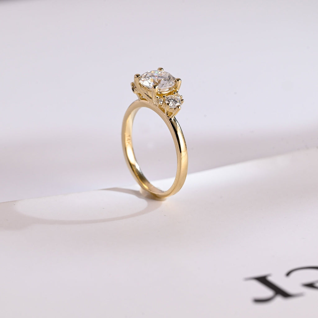 Solid Gold Three Stone Ring, Round Cut Moissanite Engagement Ring
