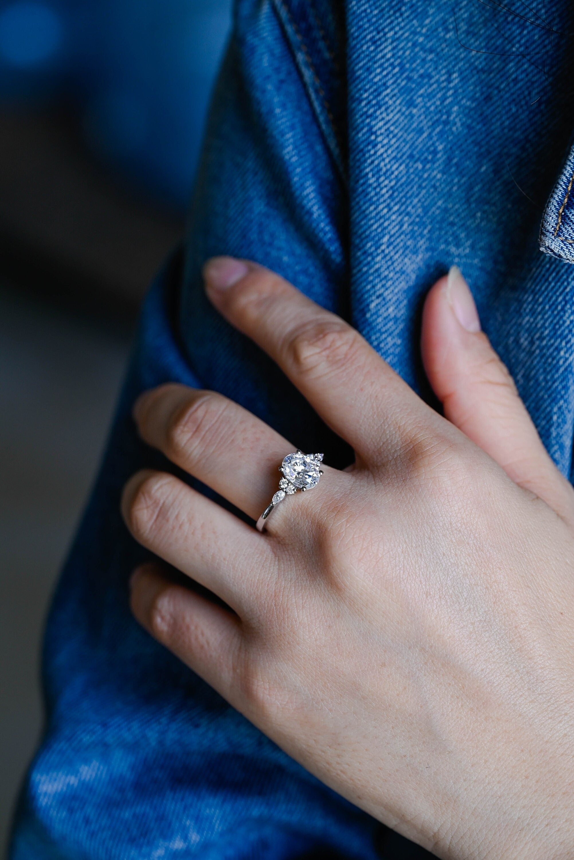 Solid Gold Oval Cut Cluster Moissanite Engagement Ring, Promise Ring