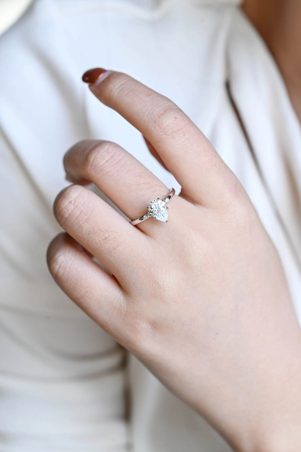 Solid Gold Pear Cut Moissanite Engagement Ring with Side Stone
