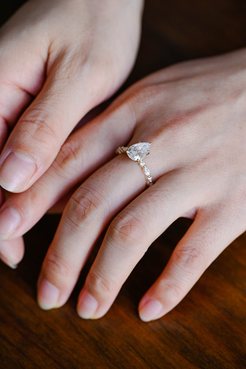 Solid Gold Pear Cut Moissanite Engagement Ring, Promise Ring