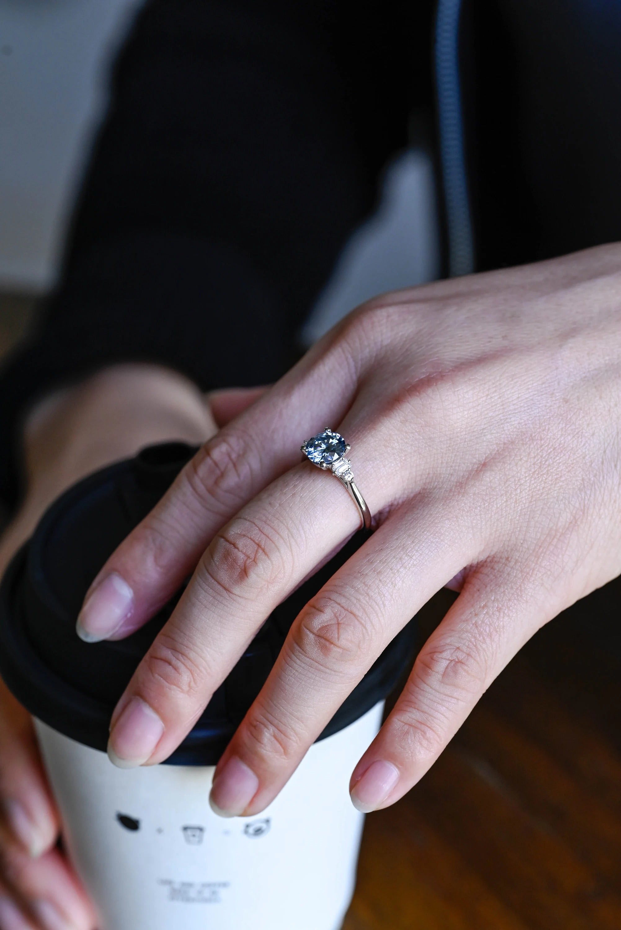 Solid Gold Light Blue Round Cut Moissanite Engagement Ring, Anniversary Gift for Her