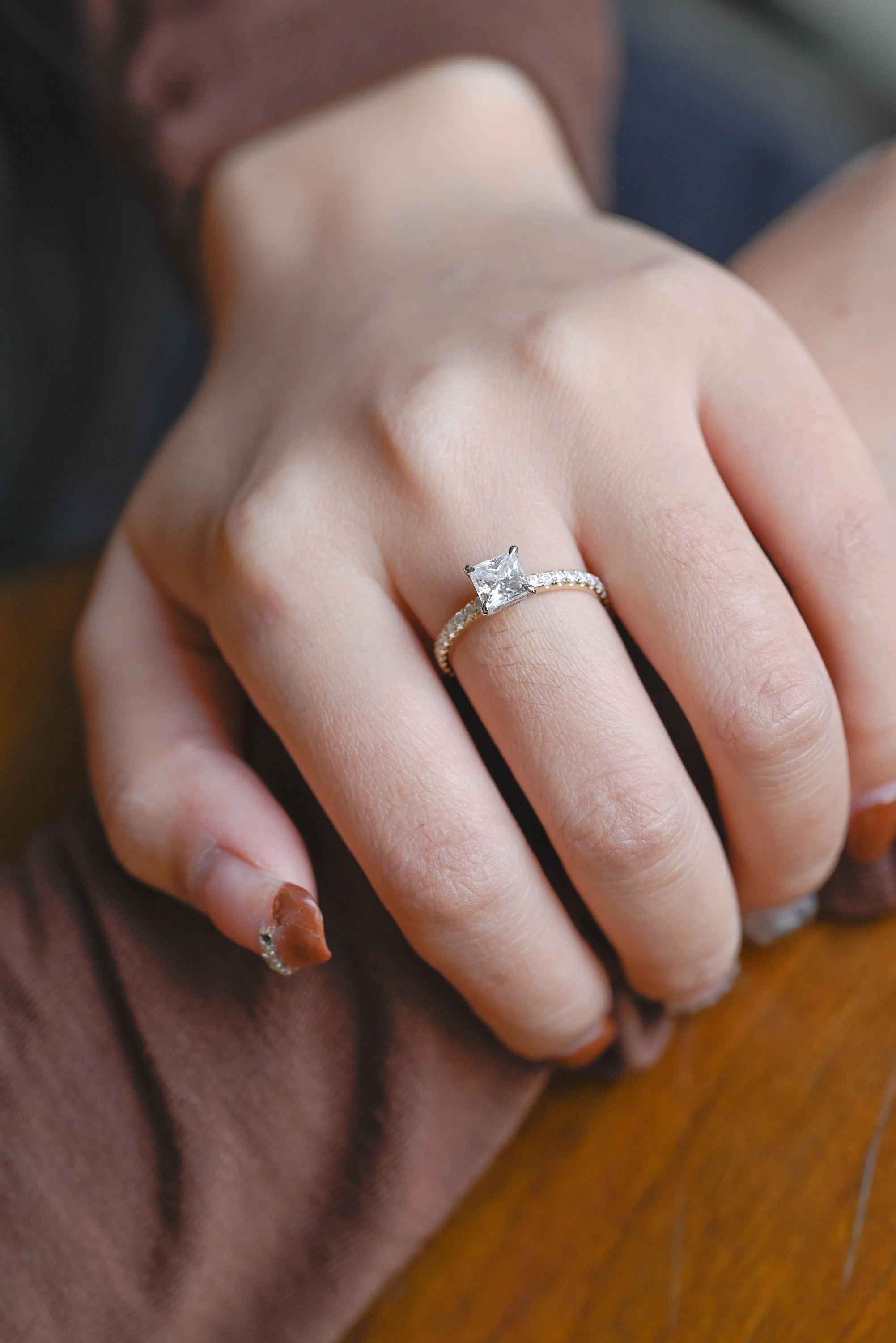 Solid Gold Two Tone Princess Cut Moissanite Engagement Ring, Anniversary Gift for Her