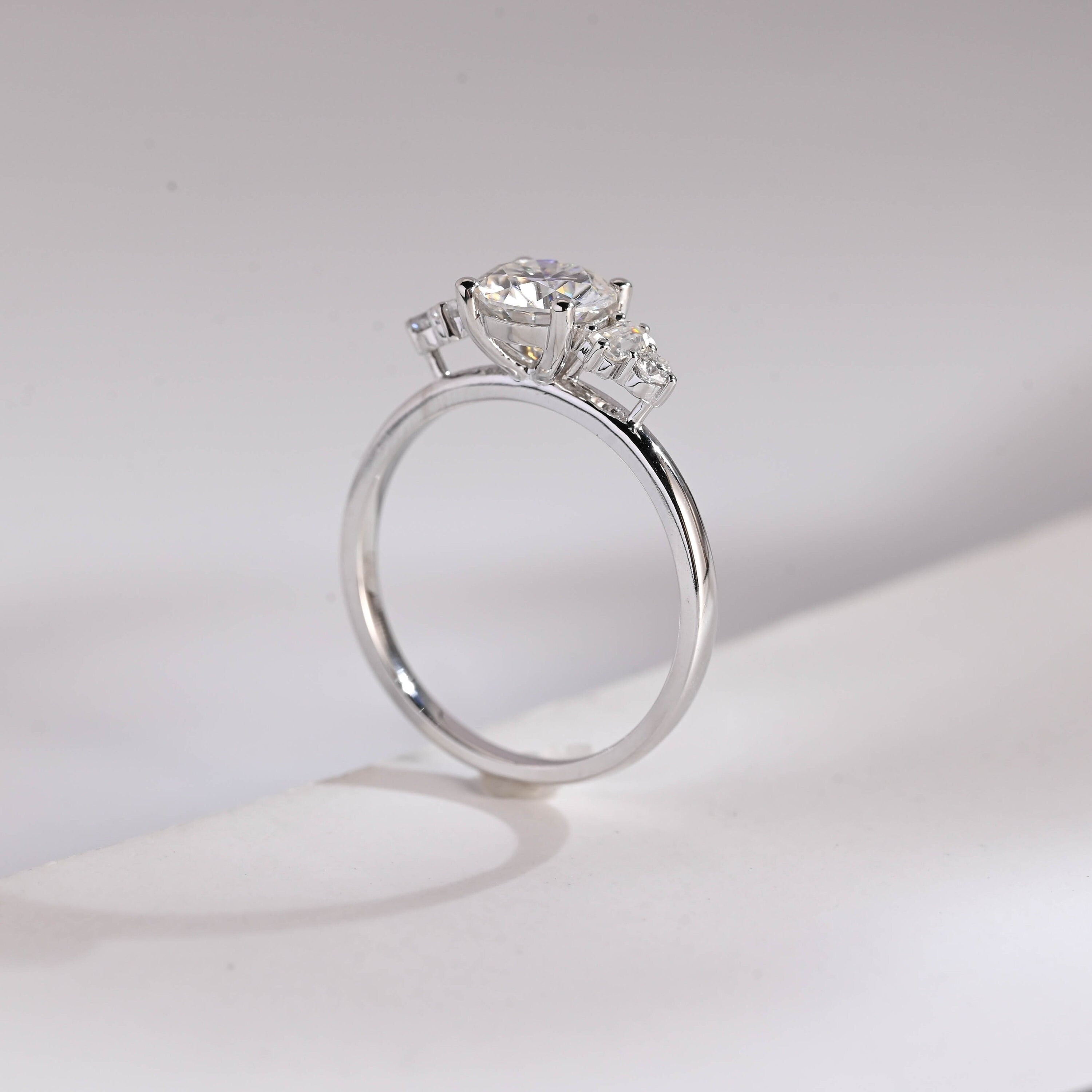 Three Stone Round Moissanite Engagement Ring, Solid Gold Dainty Anniversary Ring Secondary image
