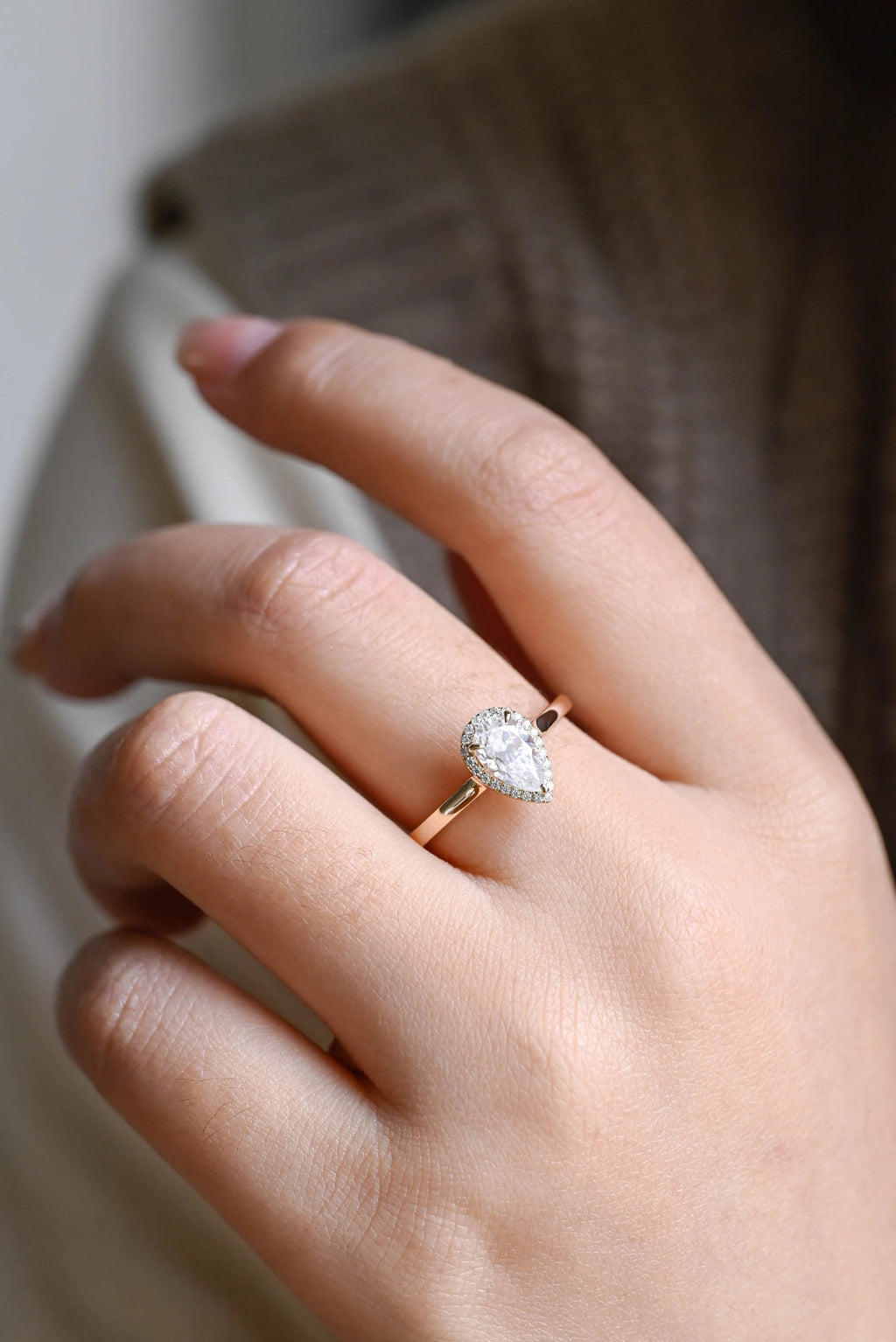 Solid Gold Pear Moissanite Engagement Ring, Flower Halo Promise Ring for Her