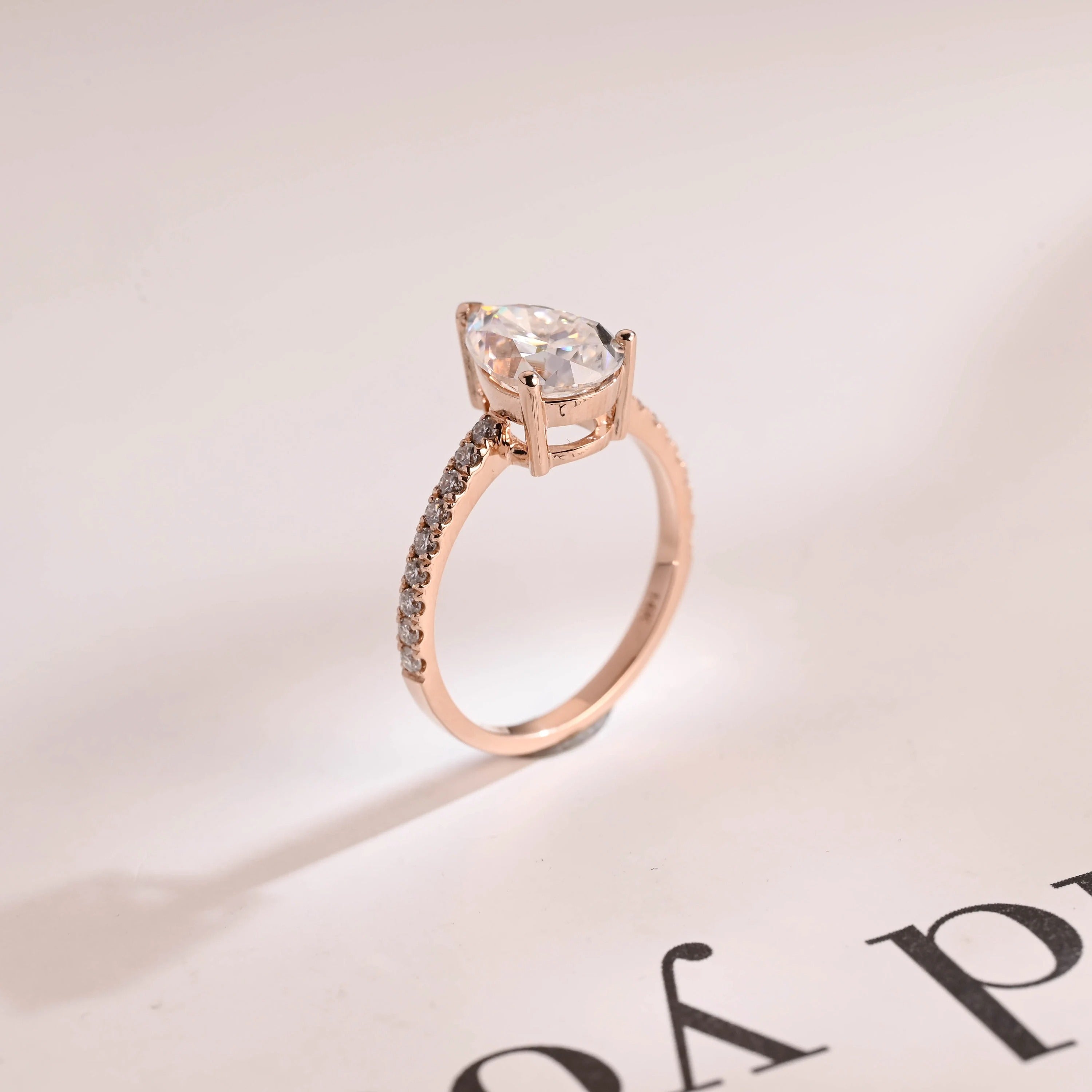 Solid Gold Pear Cut Moissanite Engagement Ring, Half Pave Proposal Ring