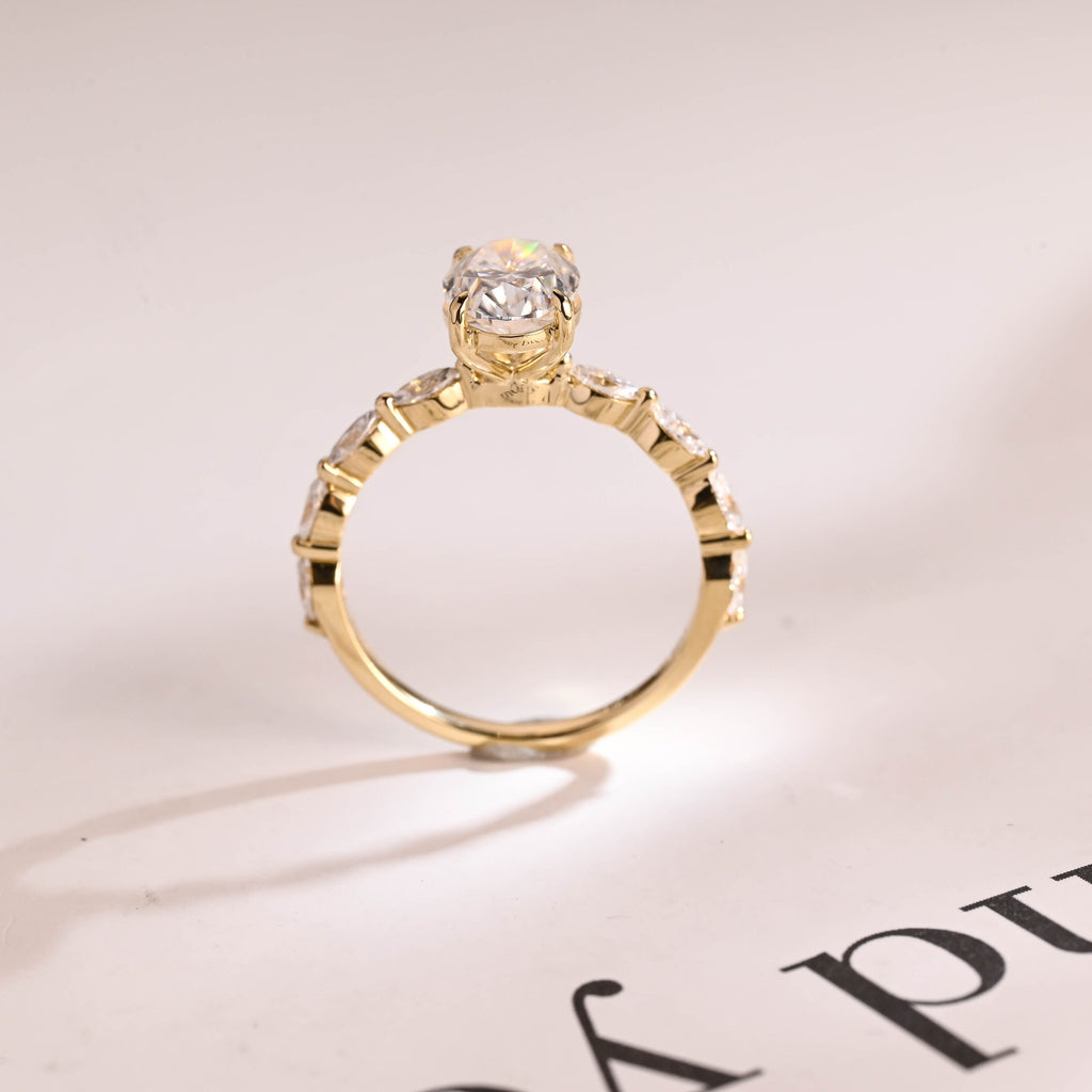 Solid Gold Oval Moissanite Engagement Ring with Marquise Moissanite Accent